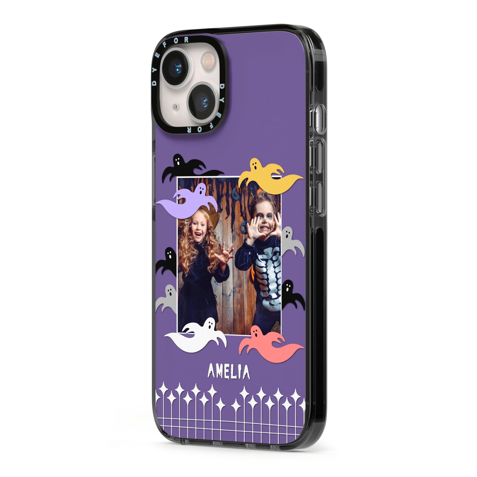 Personalised Halloween Photo Upload iPhone 13 Black Impact Case Side Angle on Silver phone