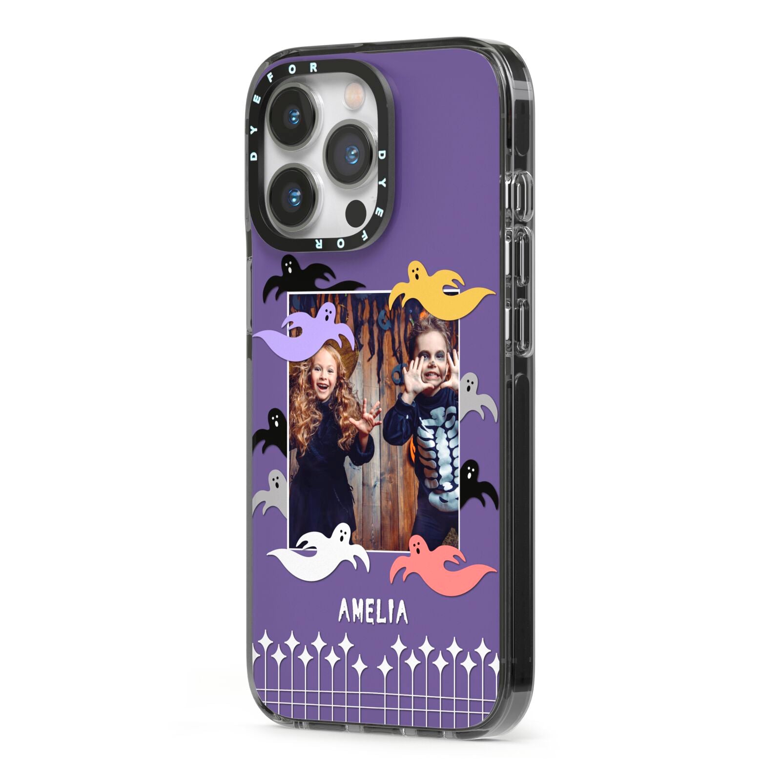 Personalised Halloween Photo Upload iPhone 13 Pro Black Impact Case Side Angle on Silver phone