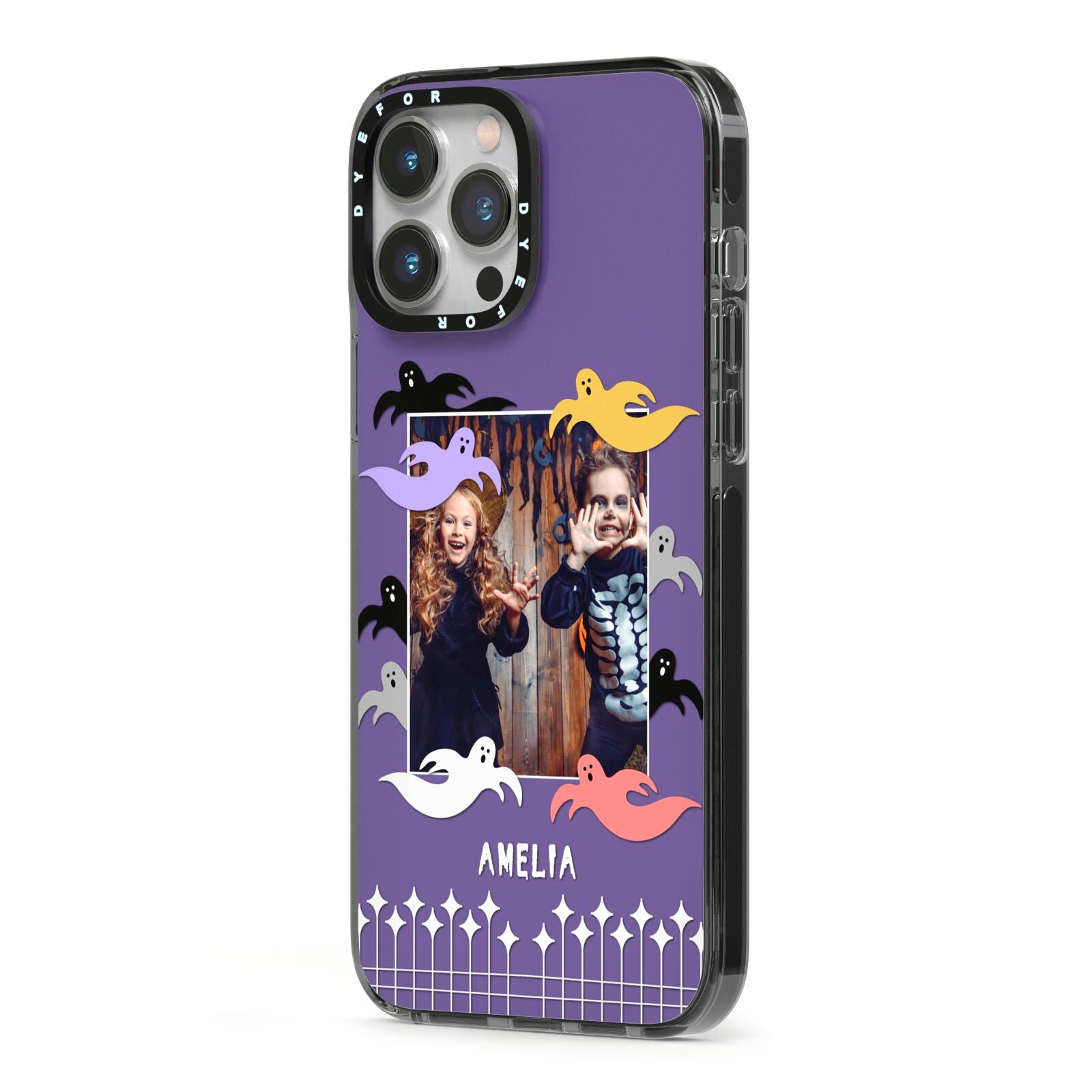 Personalised Halloween Photo Upload iPhone 13 Pro Max Black Impact Case Side Angle on Silver phone