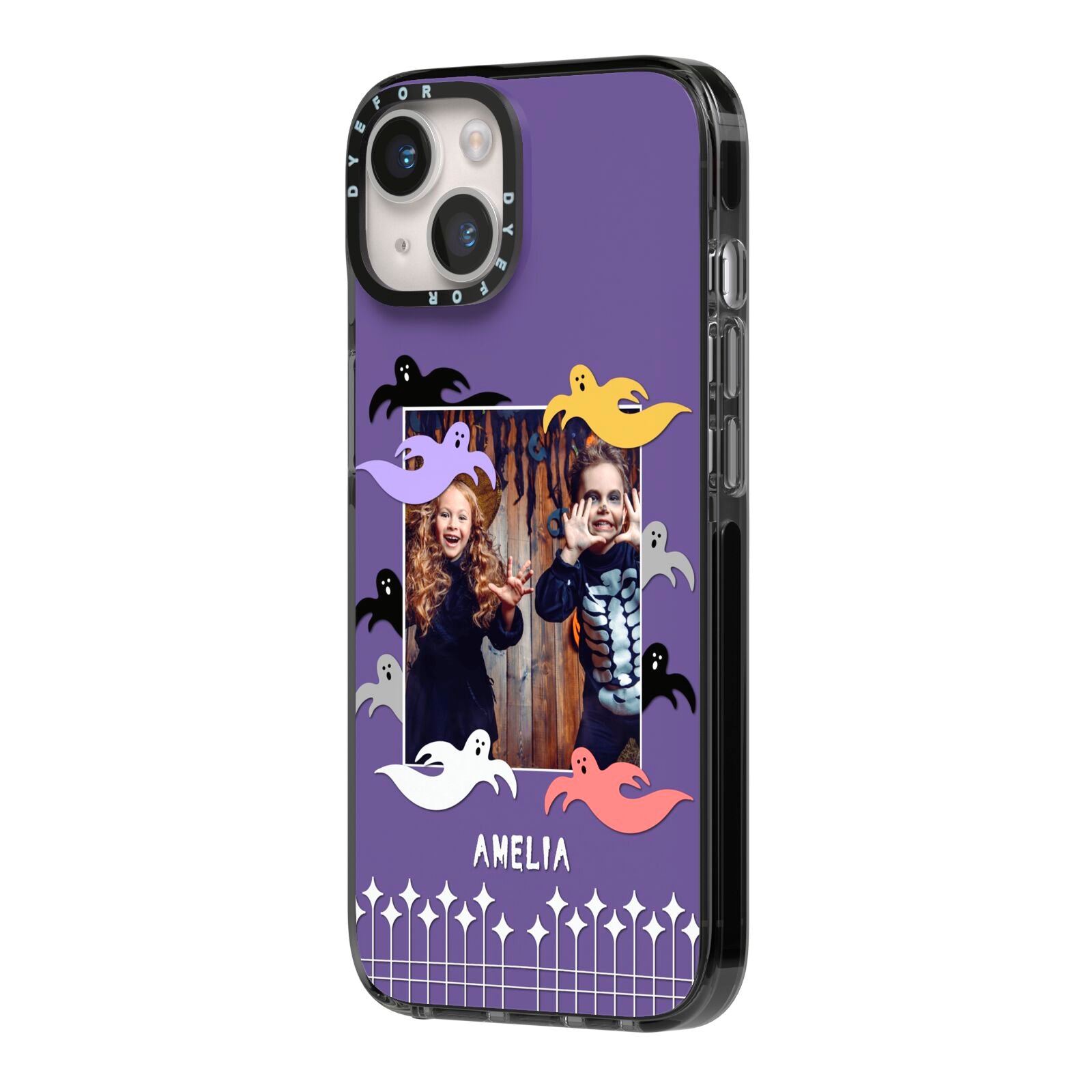 Personalised Halloween Photo Upload iPhone 14 Black Impact Case Side Angle on Silver phone
