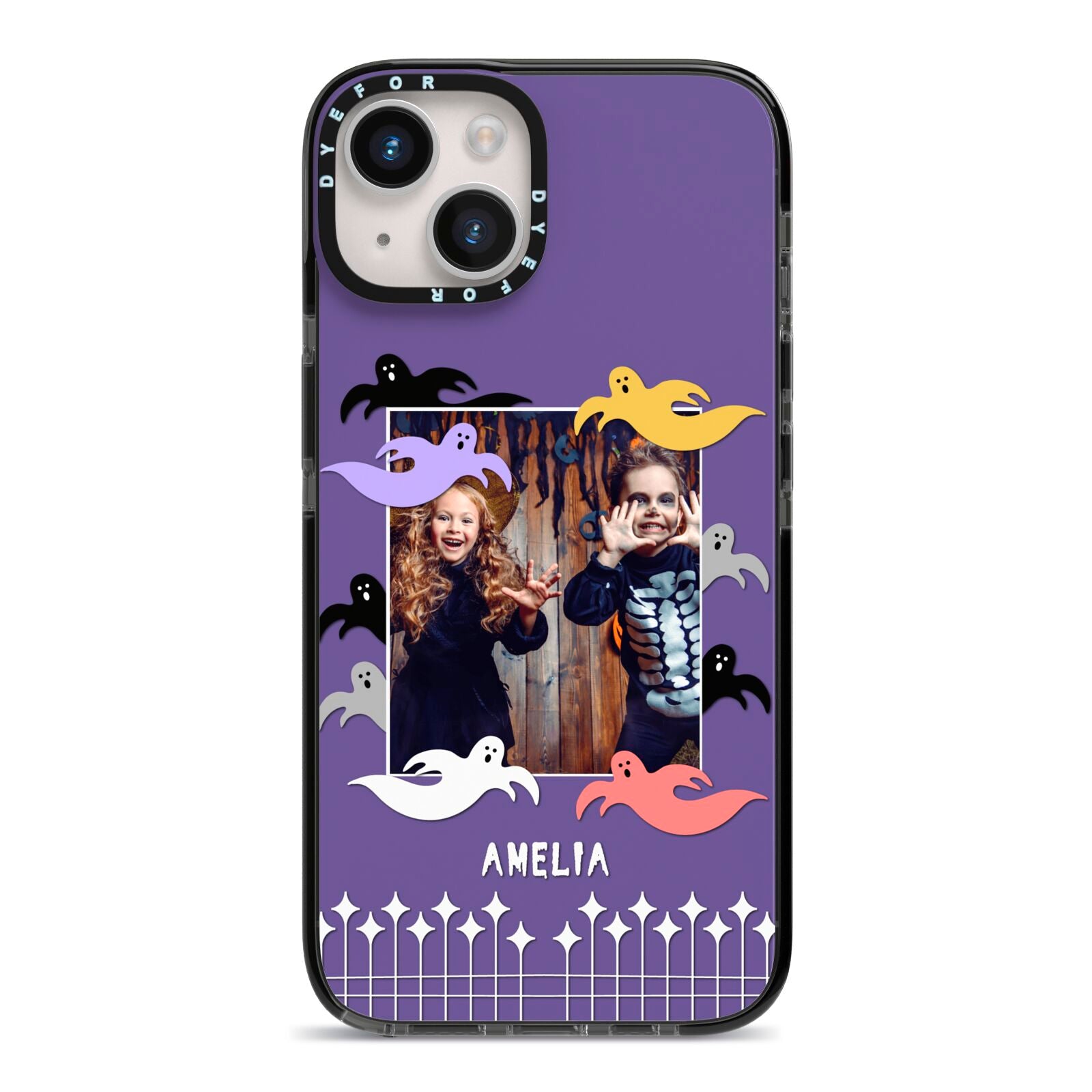 Personalised Halloween Photo Upload iPhone 14 Black Impact Case on Silver phone