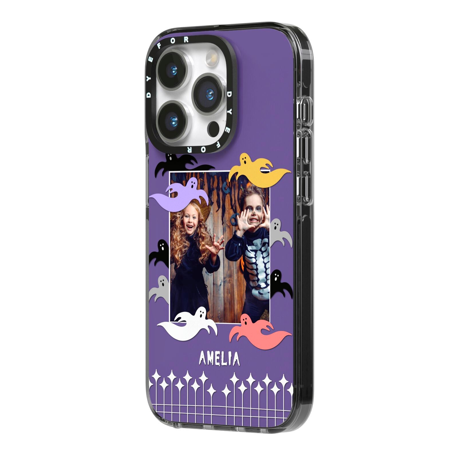 Personalised Halloween Photo Upload iPhone 14 Pro Black Impact Case Side Angle on Silver phone