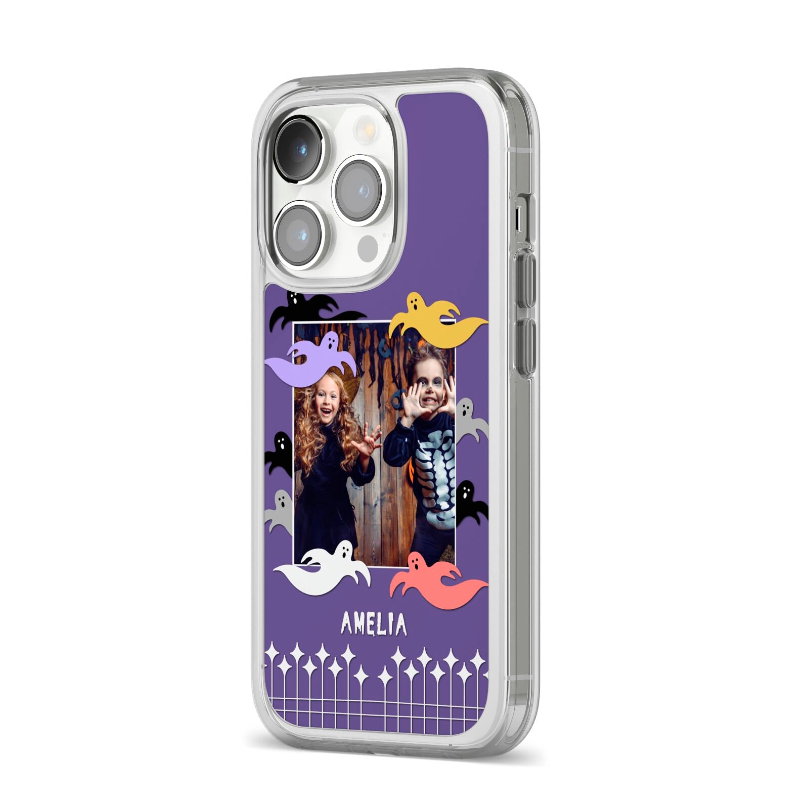 Personalised Halloween Photo Upload iPhone 14 Pro Clear Tough Case Silver Angled Image