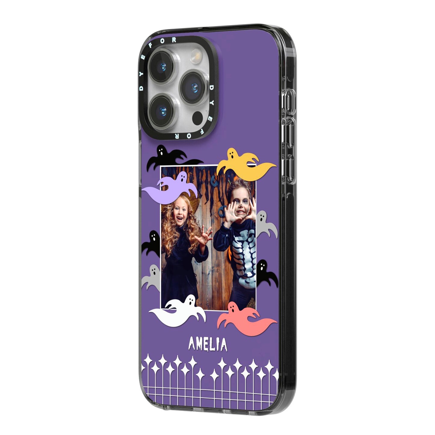 Personalised Halloween Photo Upload iPhone 14 Pro Max Black Impact Case Side Angle on Silver phone
