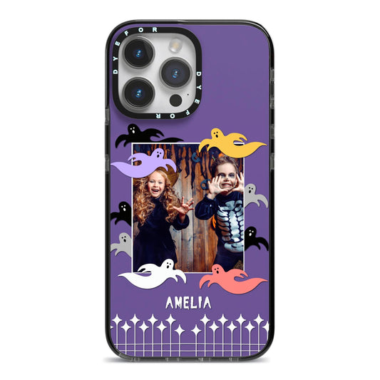 Personalised Halloween Photo Upload iPhone 14 Pro Max Black Impact Case on Silver phone