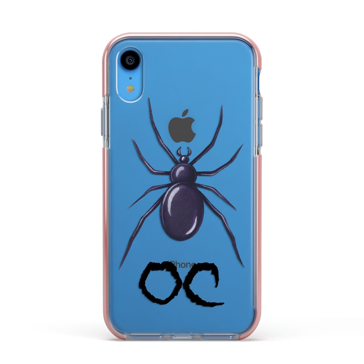 Personalised Halloween Spider Apple iPhone XR Impact Case Pink Edge on Blue Phone