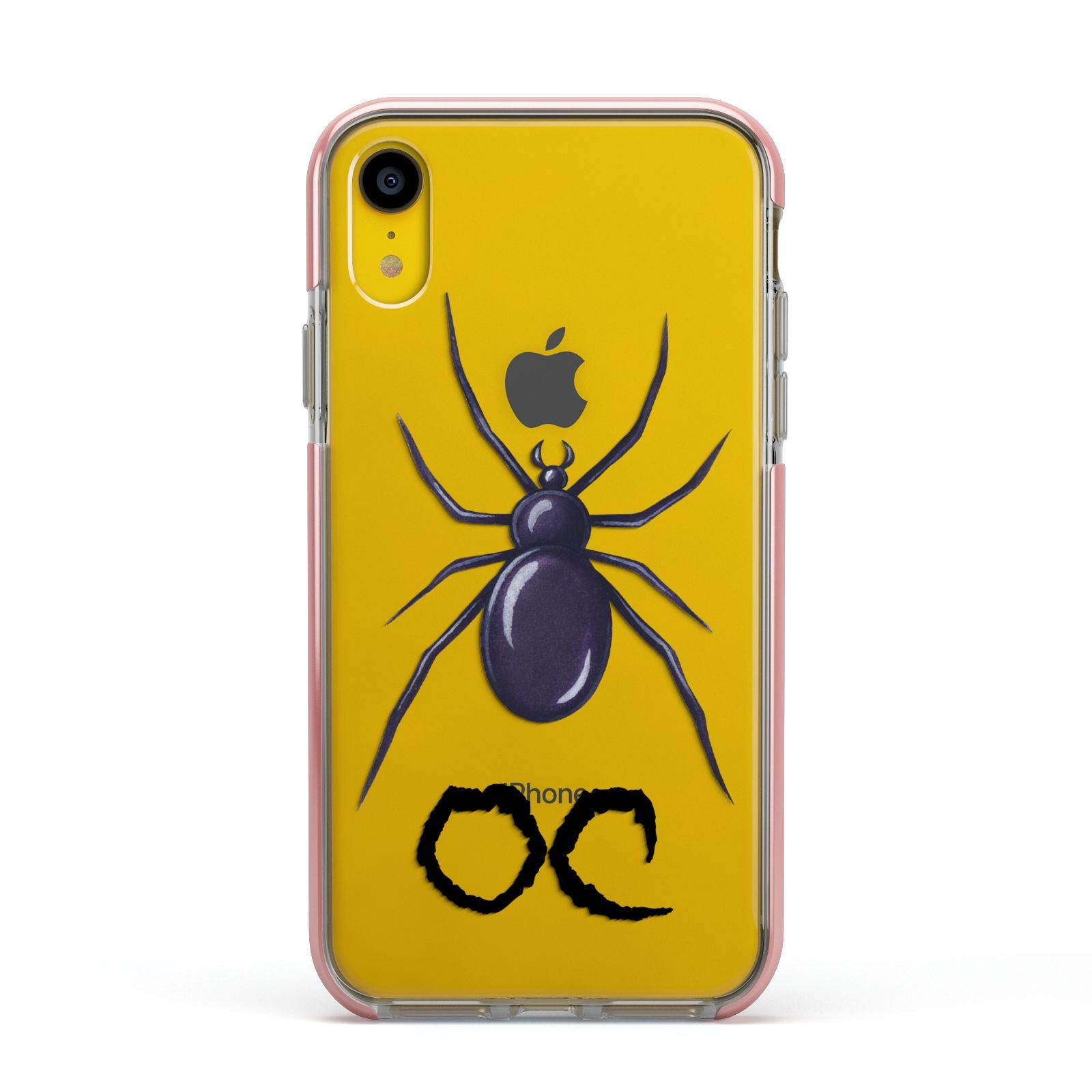 Personalised Halloween Spider Apple iPhone XR Impact Case Pink Edge on Yellow Phone