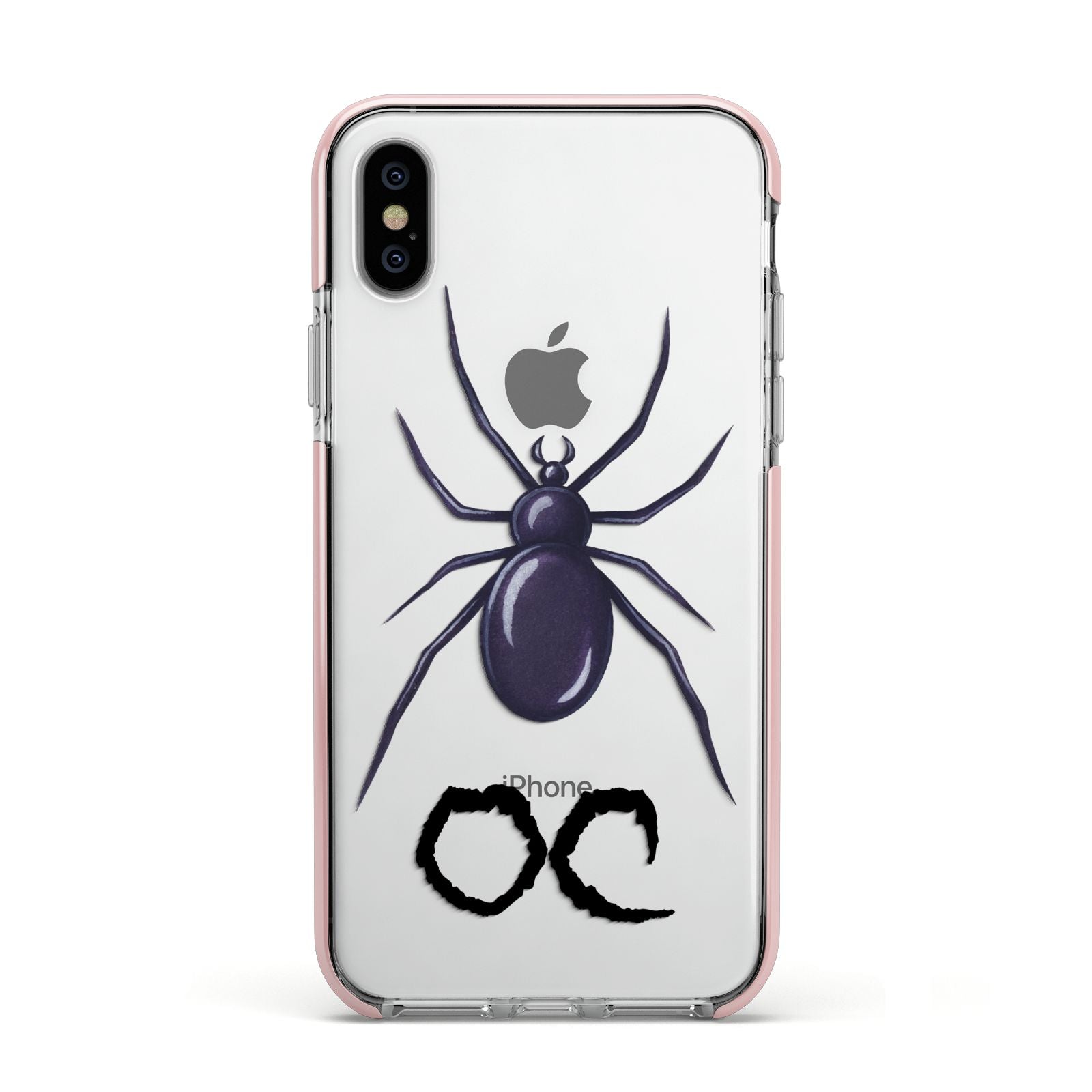 Personalised Halloween Spider Apple iPhone Xs Impact Case Pink Edge on Silver Phone