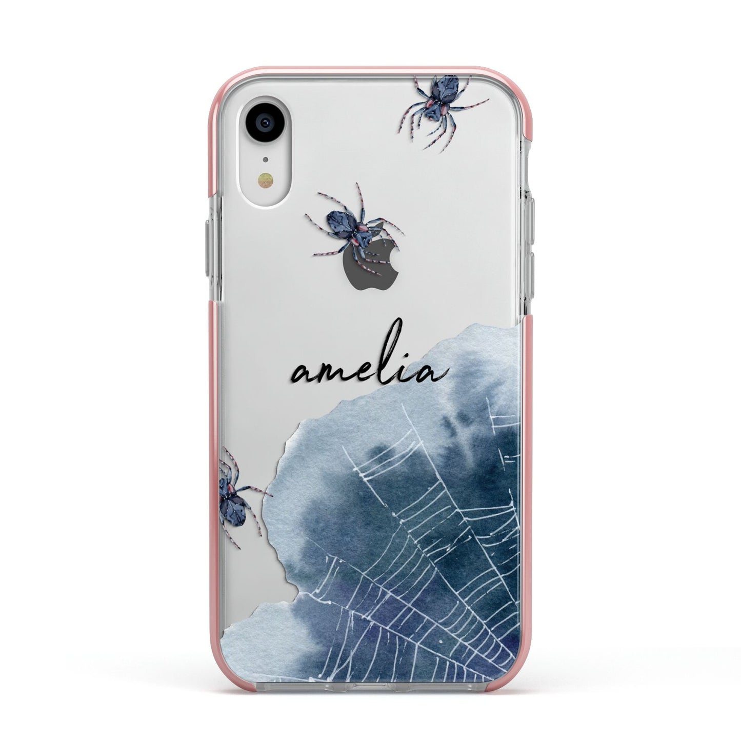 Personalised Halloween Spider Web Apple iPhone XR Impact Case Pink Edge on Silver Phone