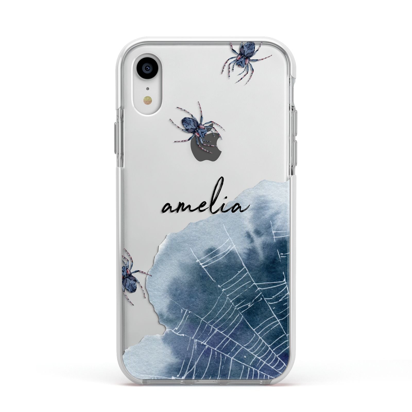 Personalised Halloween Spider Web Apple iPhone XR Impact Case White Edge on Silver Phone