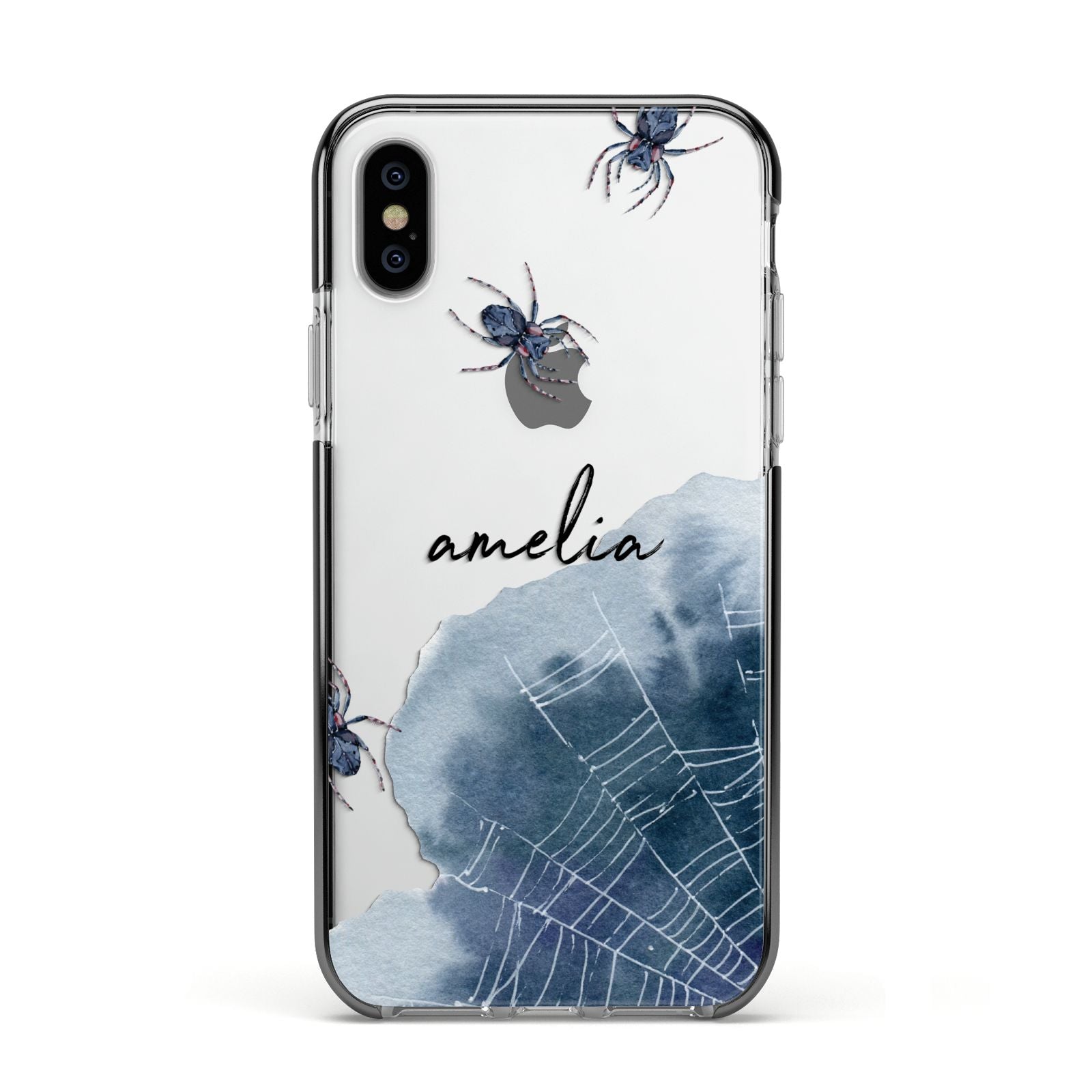 Personalised Halloween Spider Web Apple iPhone Xs Impact Case Black Edge on Silver Phone