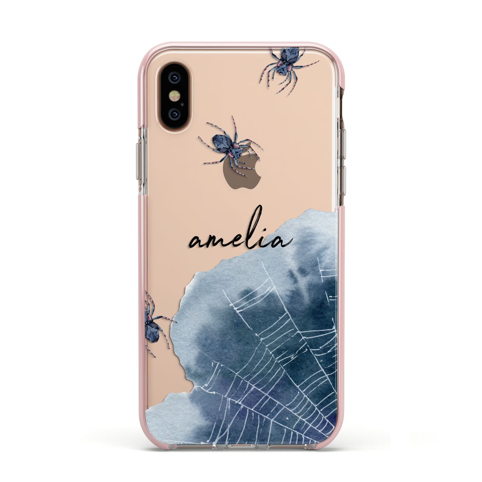 Personalised Halloween Spider Web Apple iPhone Xs Impact Case Pink Edge on Gold Phone