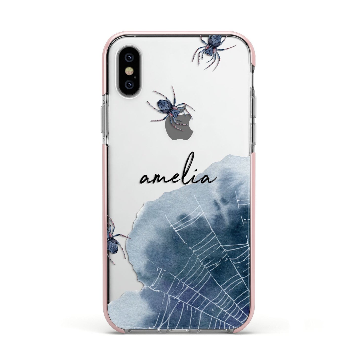 Personalised Halloween Spider Web Apple iPhone Xs Impact Case Pink Edge on Silver Phone