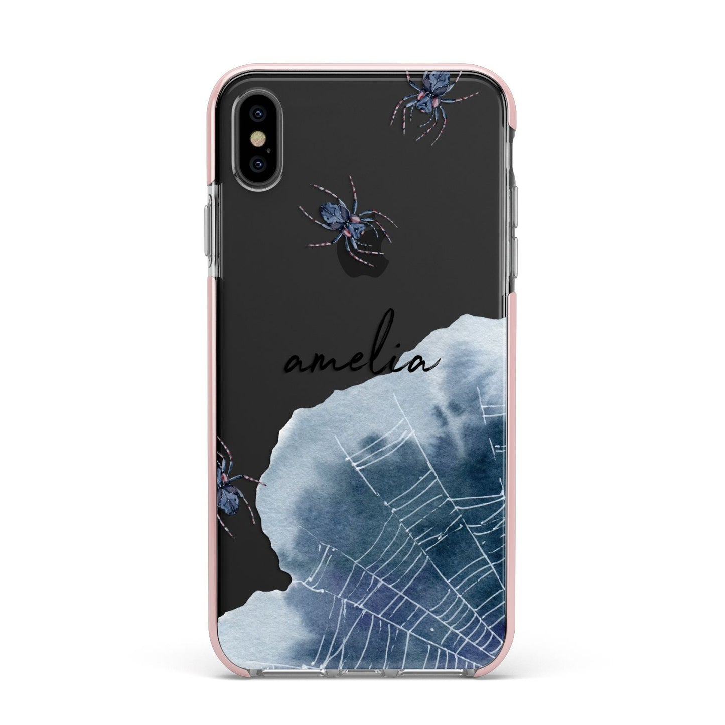 Personalised Halloween Spider Web Apple iPhone Xs Max Impact Case Pink Edge on Black Phone