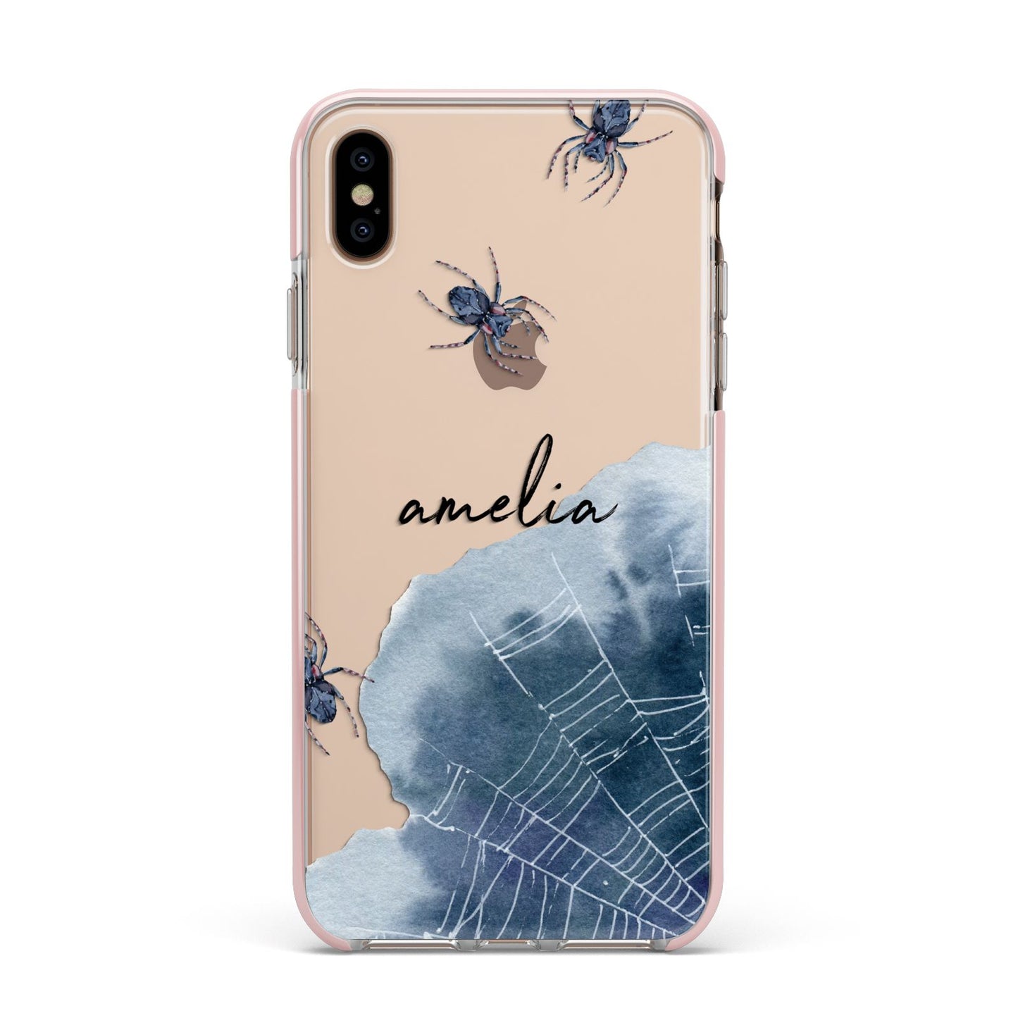 Personalised Halloween Spider Web Apple iPhone Xs Max Impact Case Pink Edge on Gold Phone