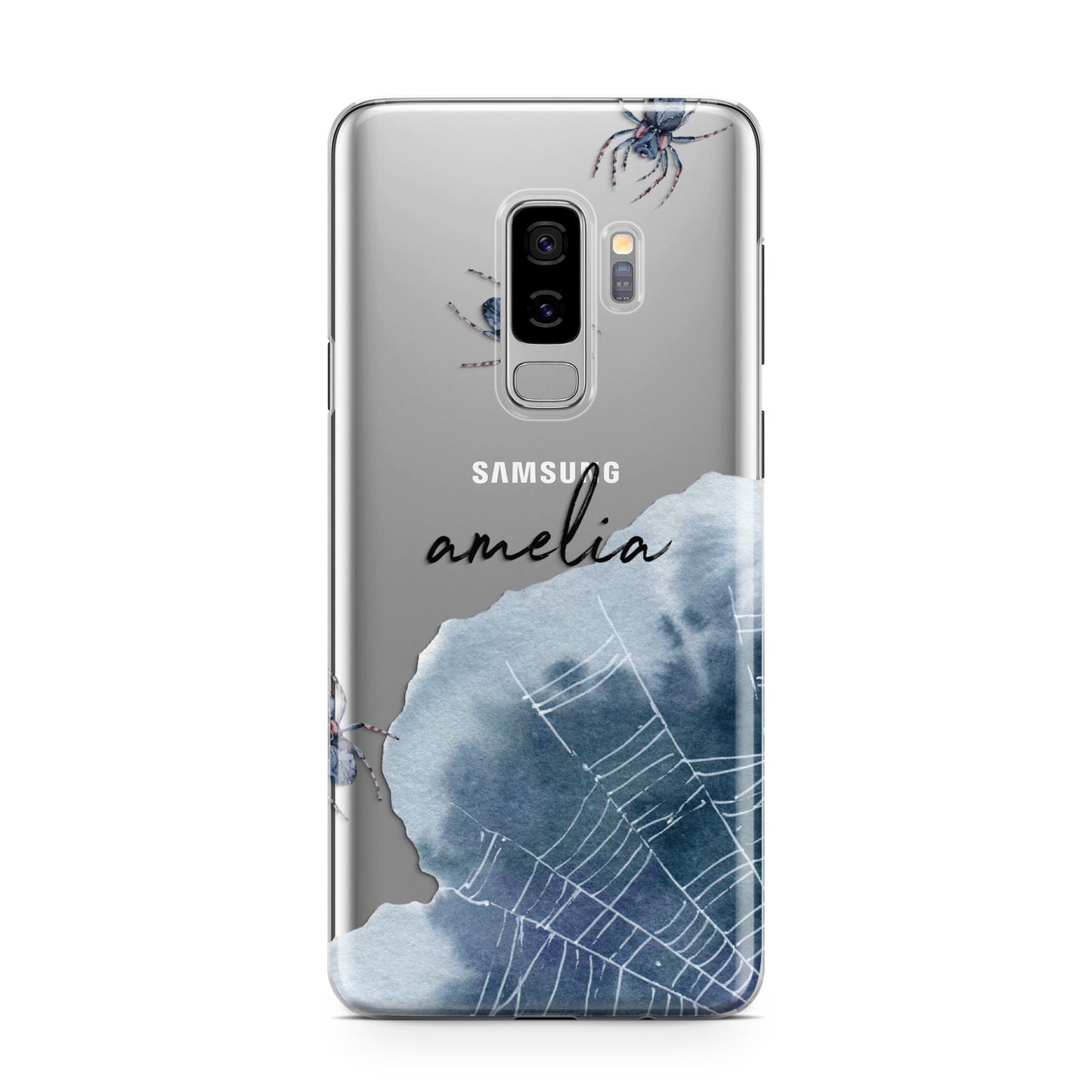 Personalised Halloween Spider Web Samsung Galaxy S9 Plus Case on Silver phone