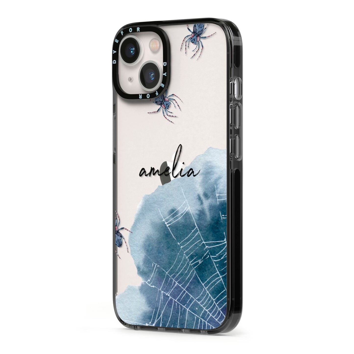 Personalised Halloween Spider Web iPhone 13 Black Impact Case Side Angle on Silver phone