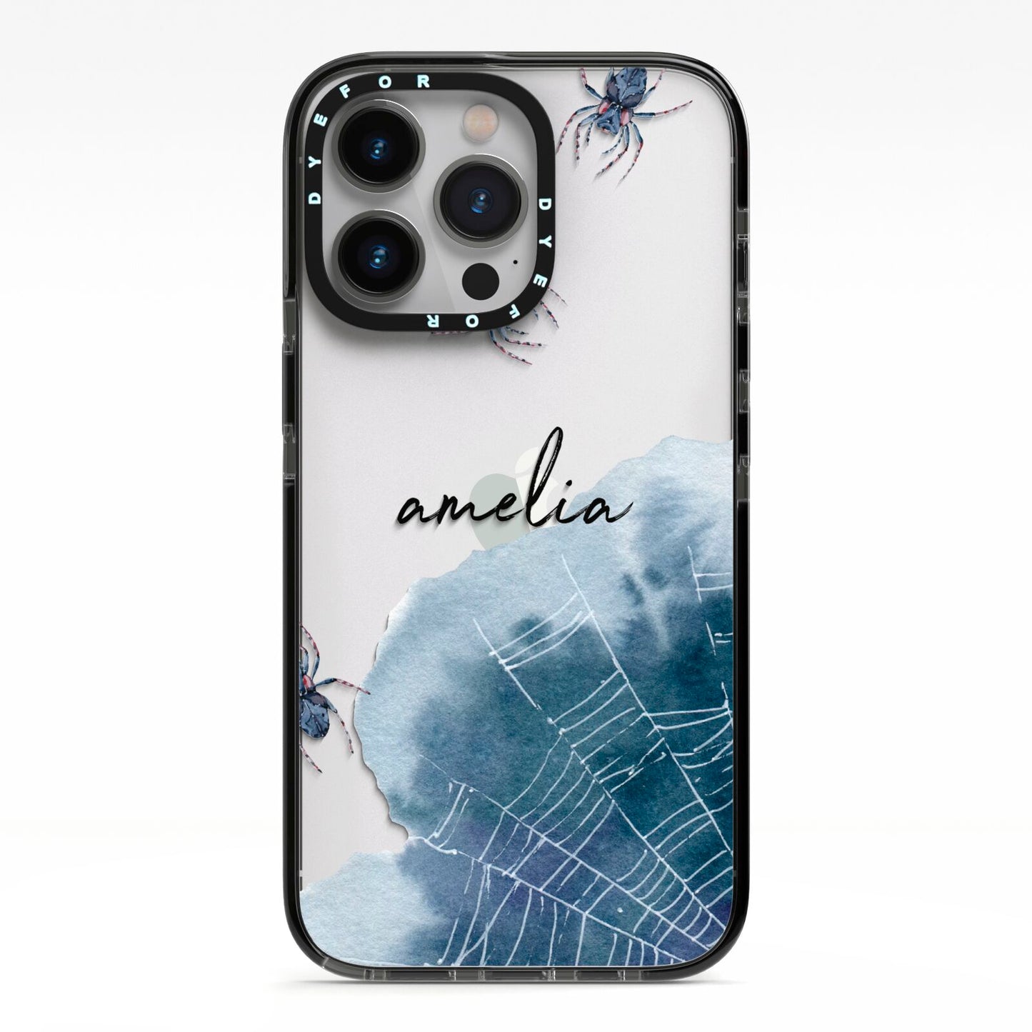 Personalised Halloween Spider Web iPhone 13 Pro Black Impact Case on Silver phone