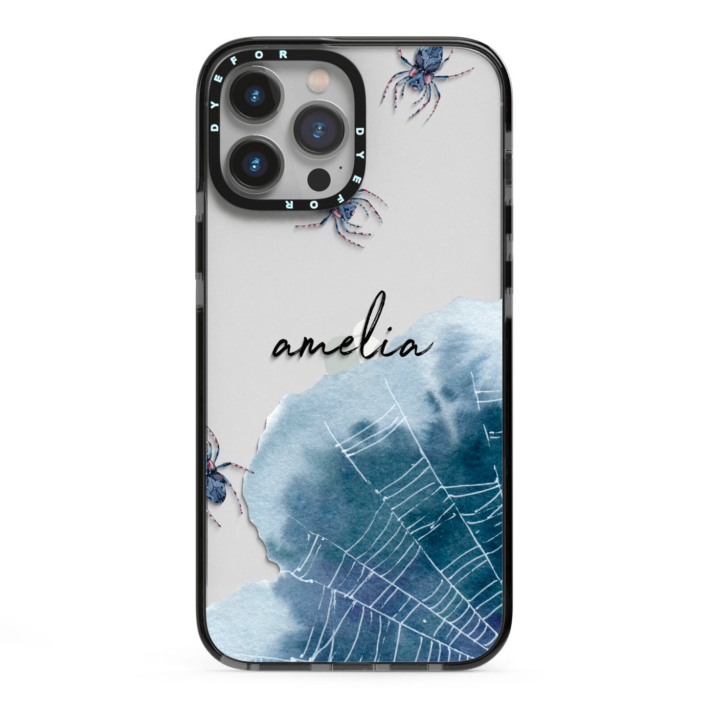 Personalised Halloween Spider Web iPhone 13 Pro Max Black Impact Case on Silver phone