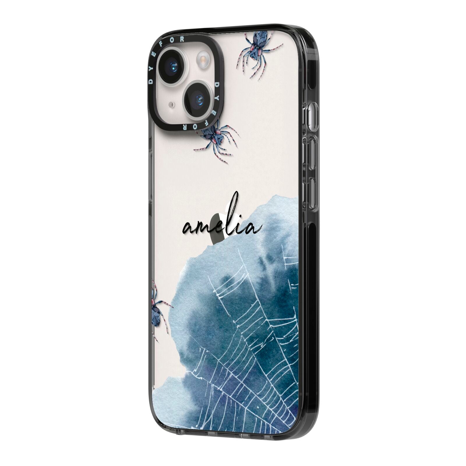 Personalised Halloween Spider Web iPhone 14 Black Impact Case Side Angle on Silver phone