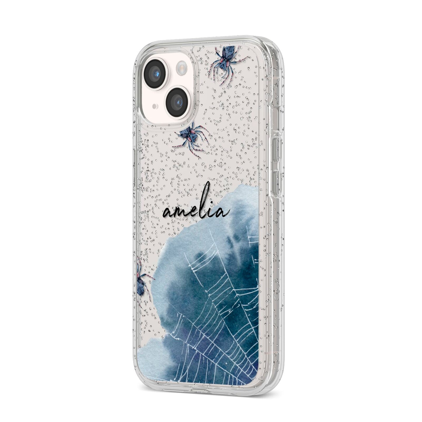Personalised Halloween Spider Web iPhone 14 Glitter Tough Case Starlight Angled Image
