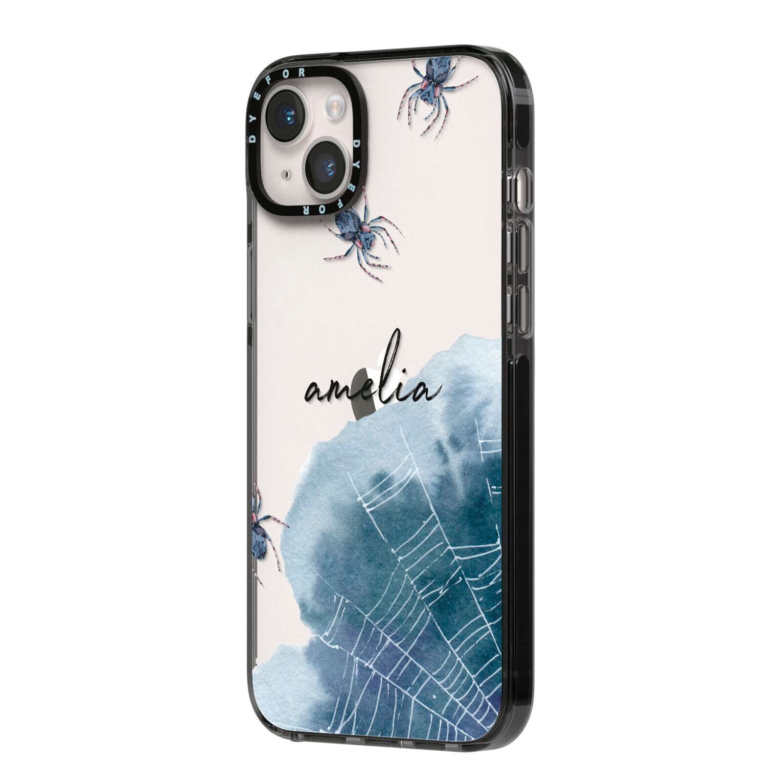 Personalised Halloween Spider Web iPhone 14 Plus Black Impact Case Side Angle on Silver phone