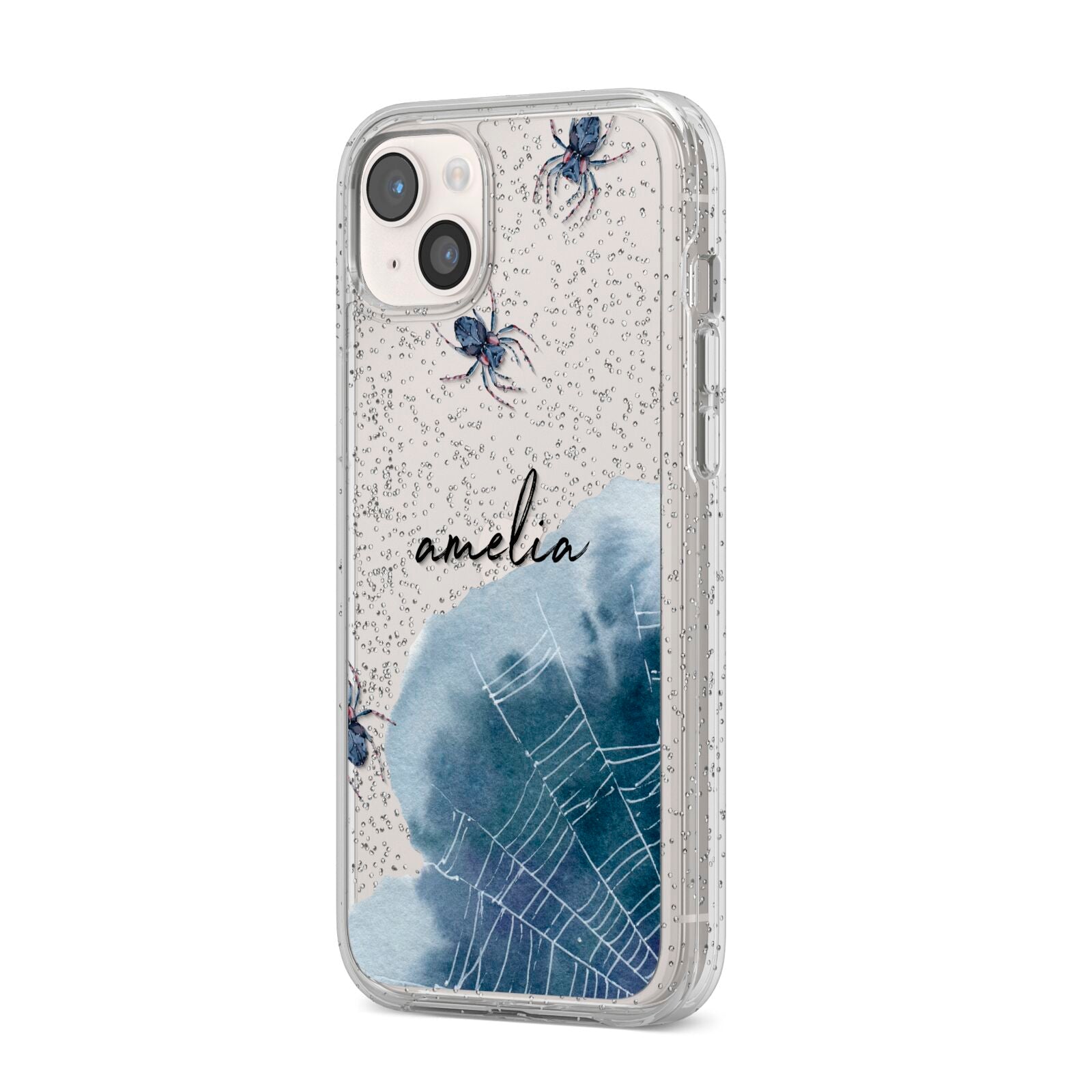 Personalised Halloween Spider Web iPhone 14 Plus Glitter Tough Case Starlight Angled Image