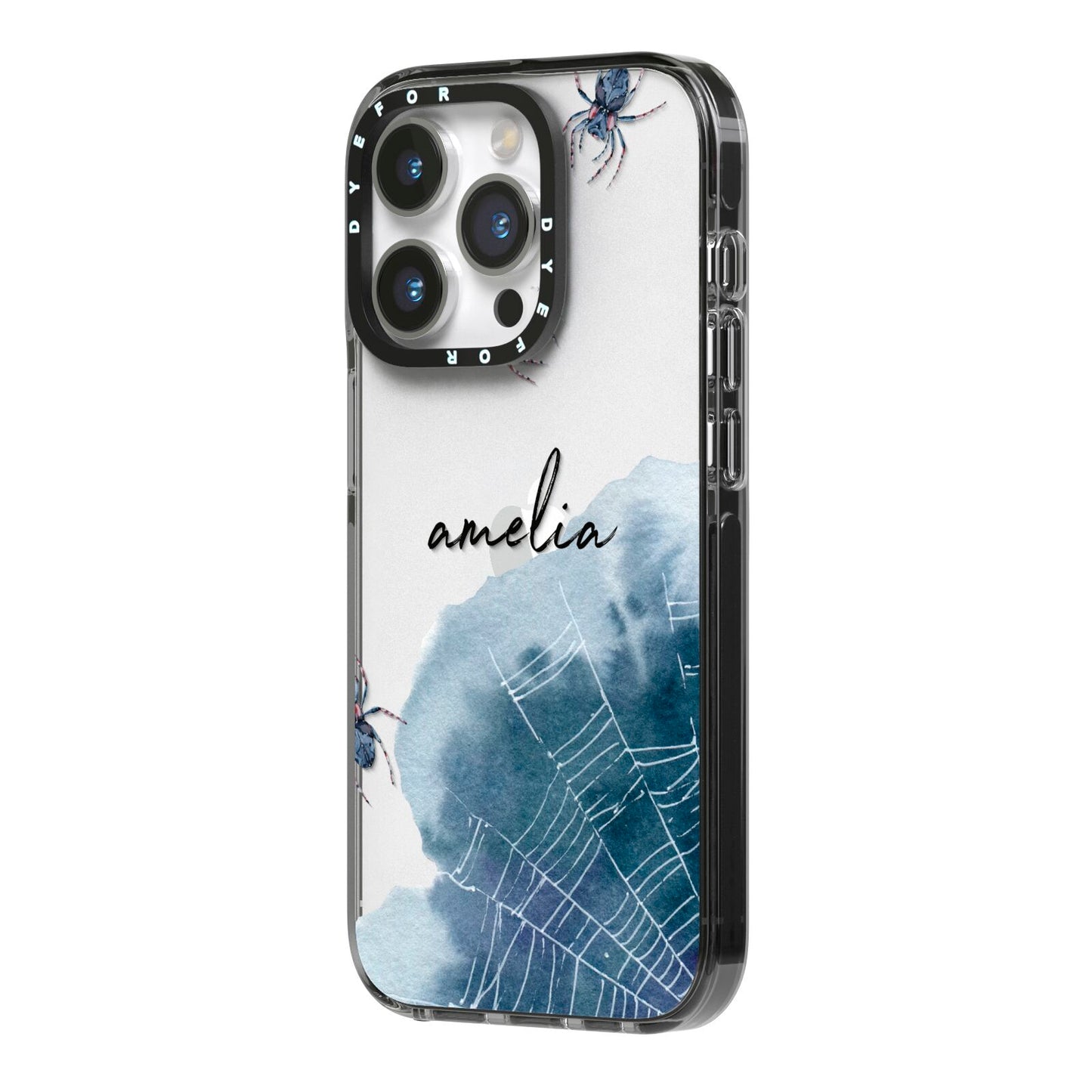 Personalised Halloween Spider Web iPhone 14 Pro Black Impact Case Side Angle on Silver phone
