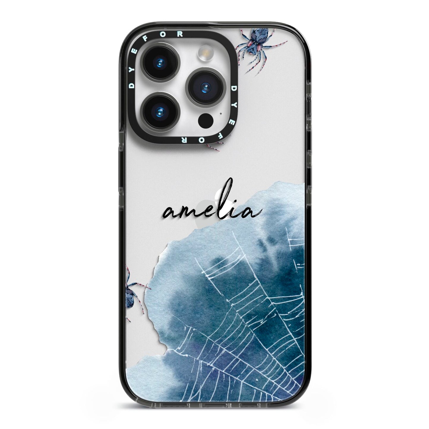 Personalised Halloween Spider Web iPhone 14 Pro Black Impact Case on Silver phone