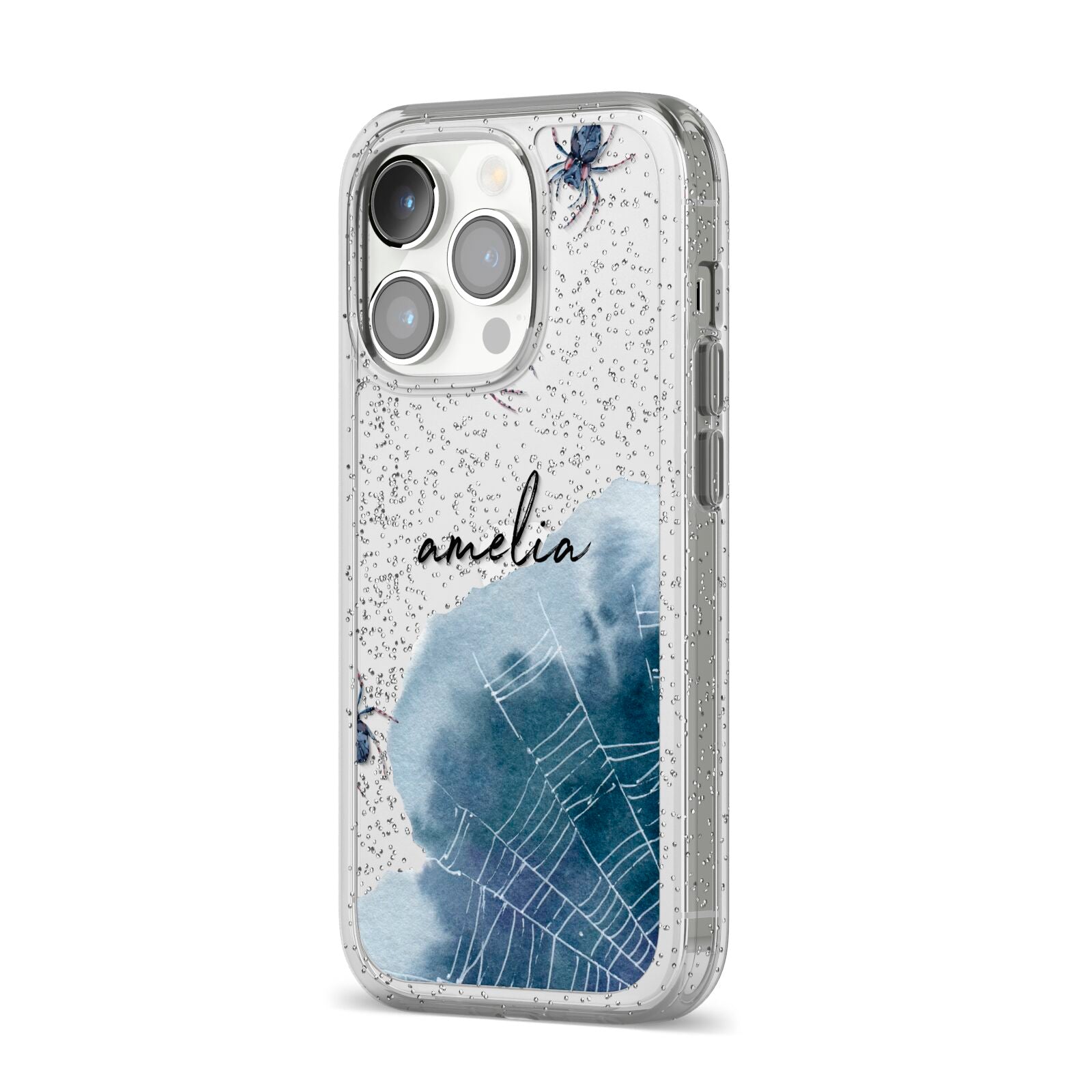Personalised Halloween Spider Web iPhone 14 Pro Glitter Tough Case Silver Angled Image