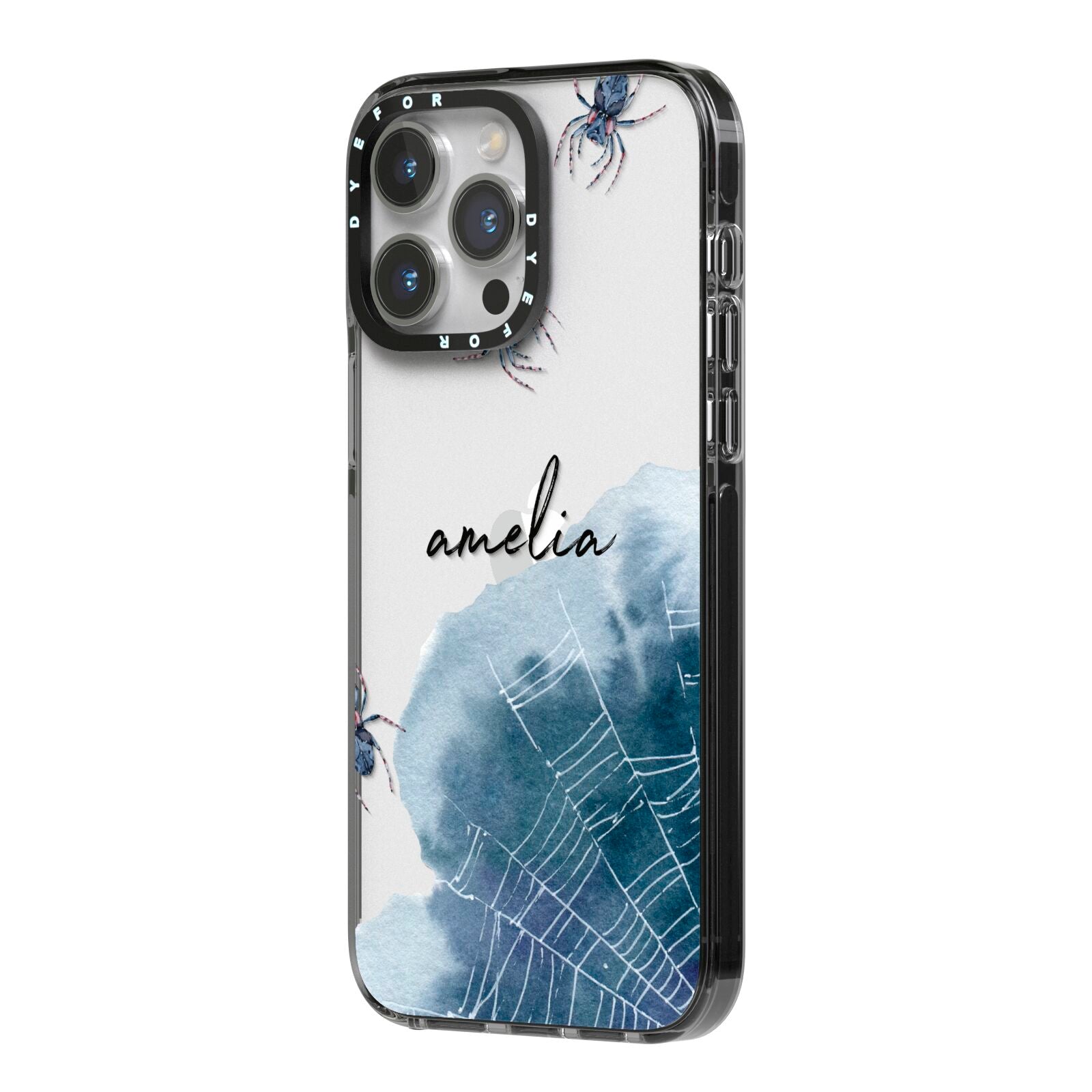Personalised Halloween Spider Web iPhone 14 Pro Max Black Impact Case Side Angle on Silver phone