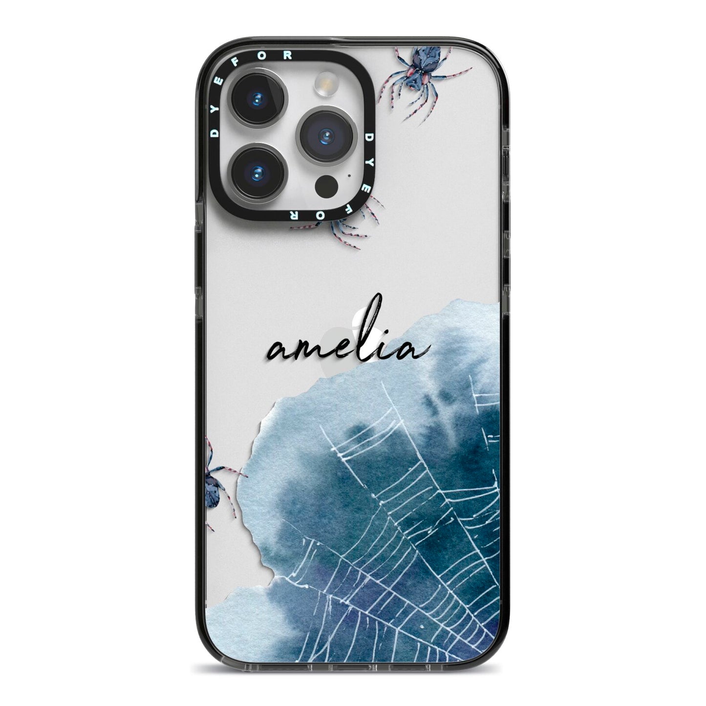 Personalised Halloween Spider Web iPhone 14 Pro Max Black Impact Case on Silver phone