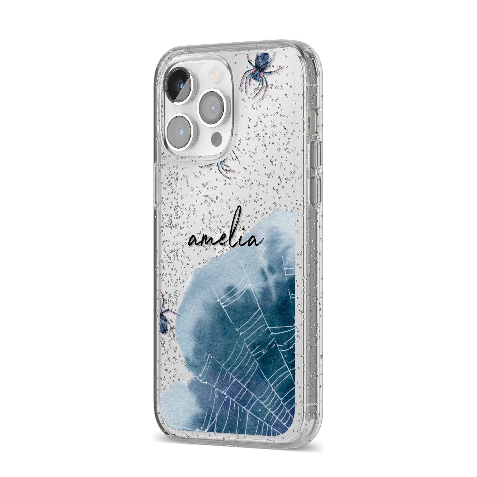 Personalised Halloween Spider Web iPhone 14 Pro Max Glitter Tough Case Silver Angled Image