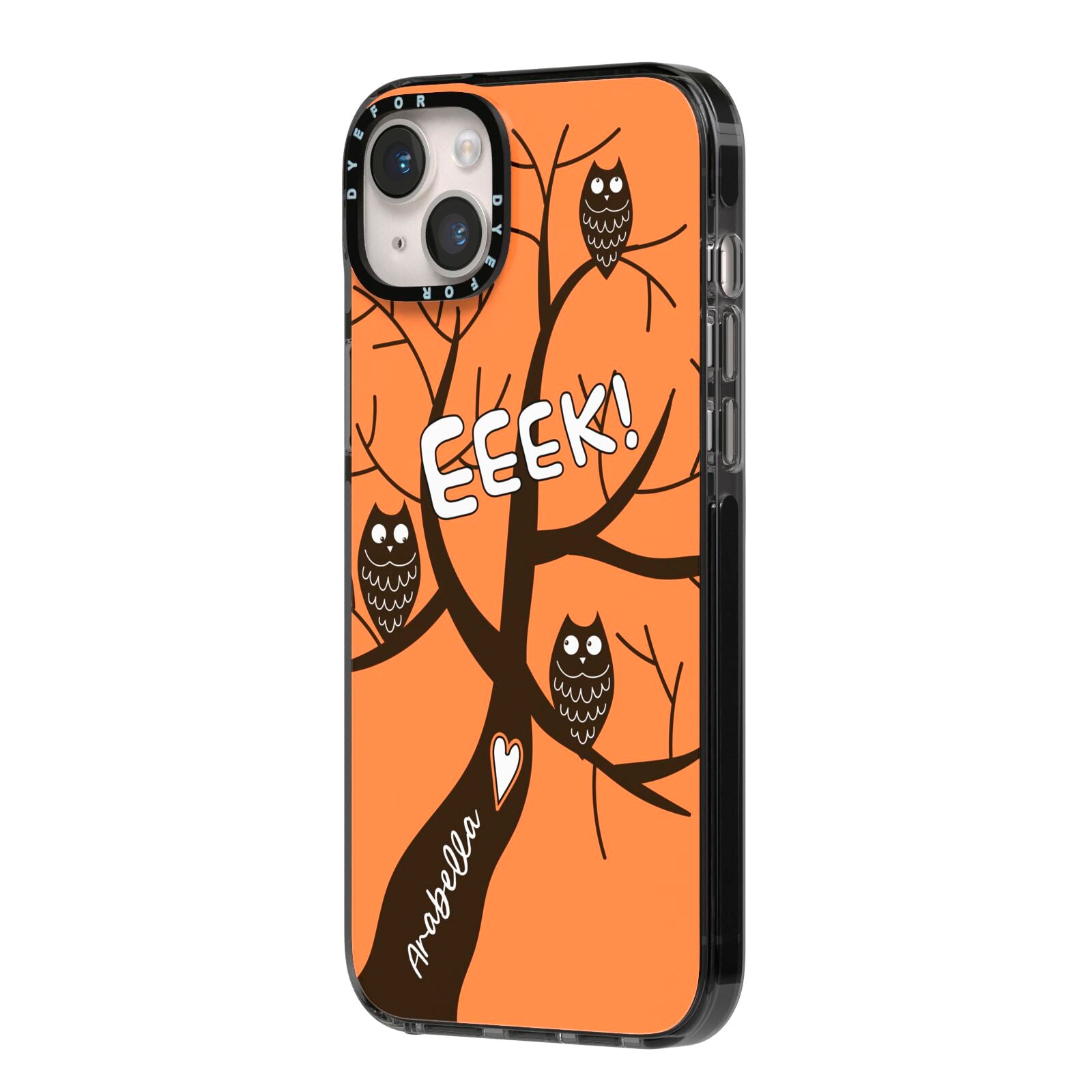 Personalised Halloween Tree iPhone 14 Plus Black Impact Case Side Angle on Silver phone