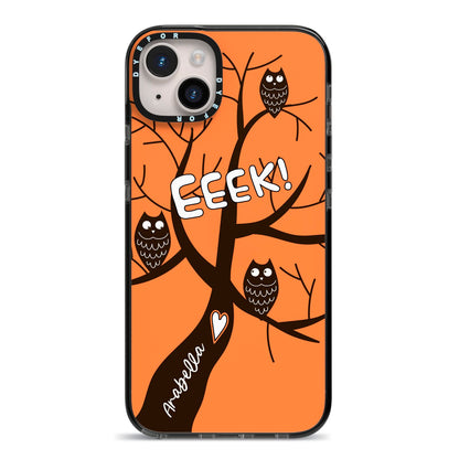 Personalised Halloween Tree iPhone 14 Plus Black Impact Case on Silver phone