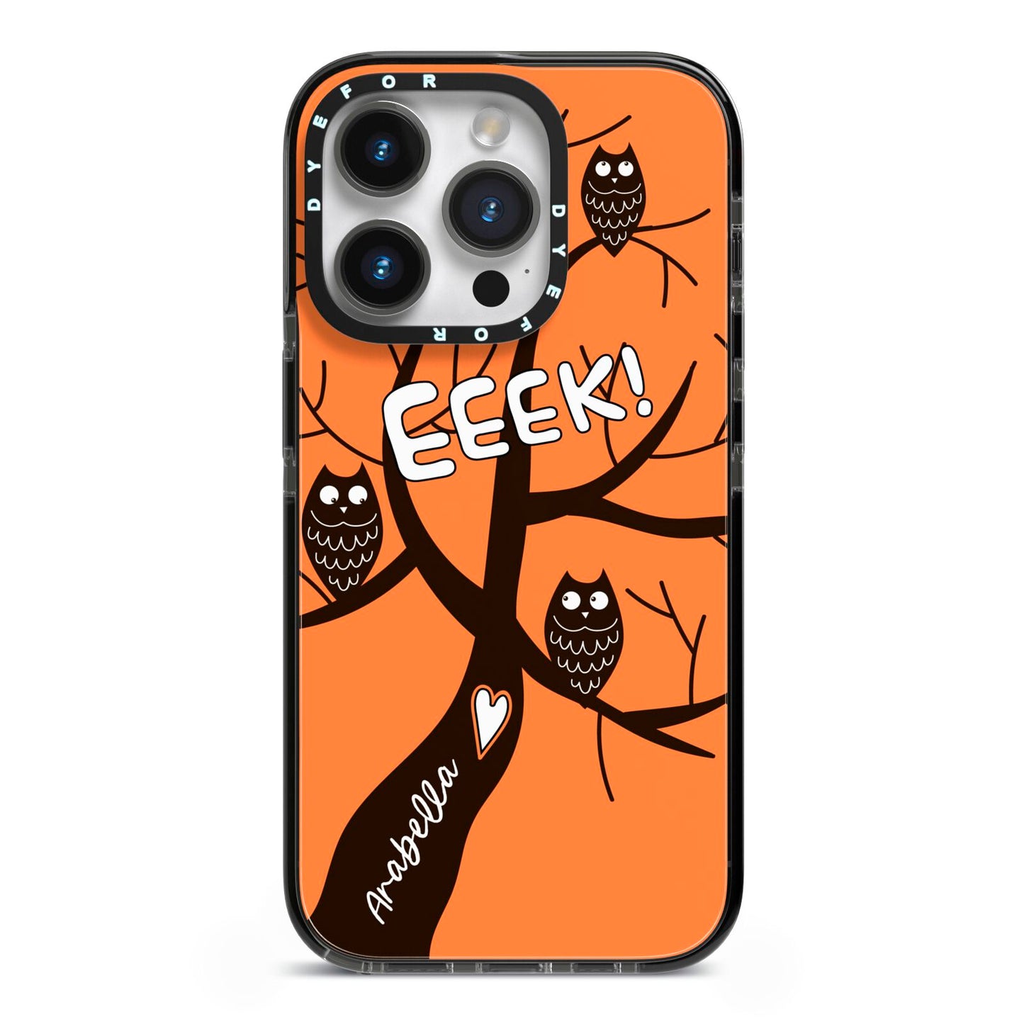 Personalised Halloween Tree iPhone 14 Pro Black Impact Case on Silver phone