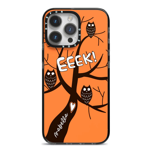 Personalised Halloween Tree iPhone 14 Pro Max Black Impact Case on Silver phone