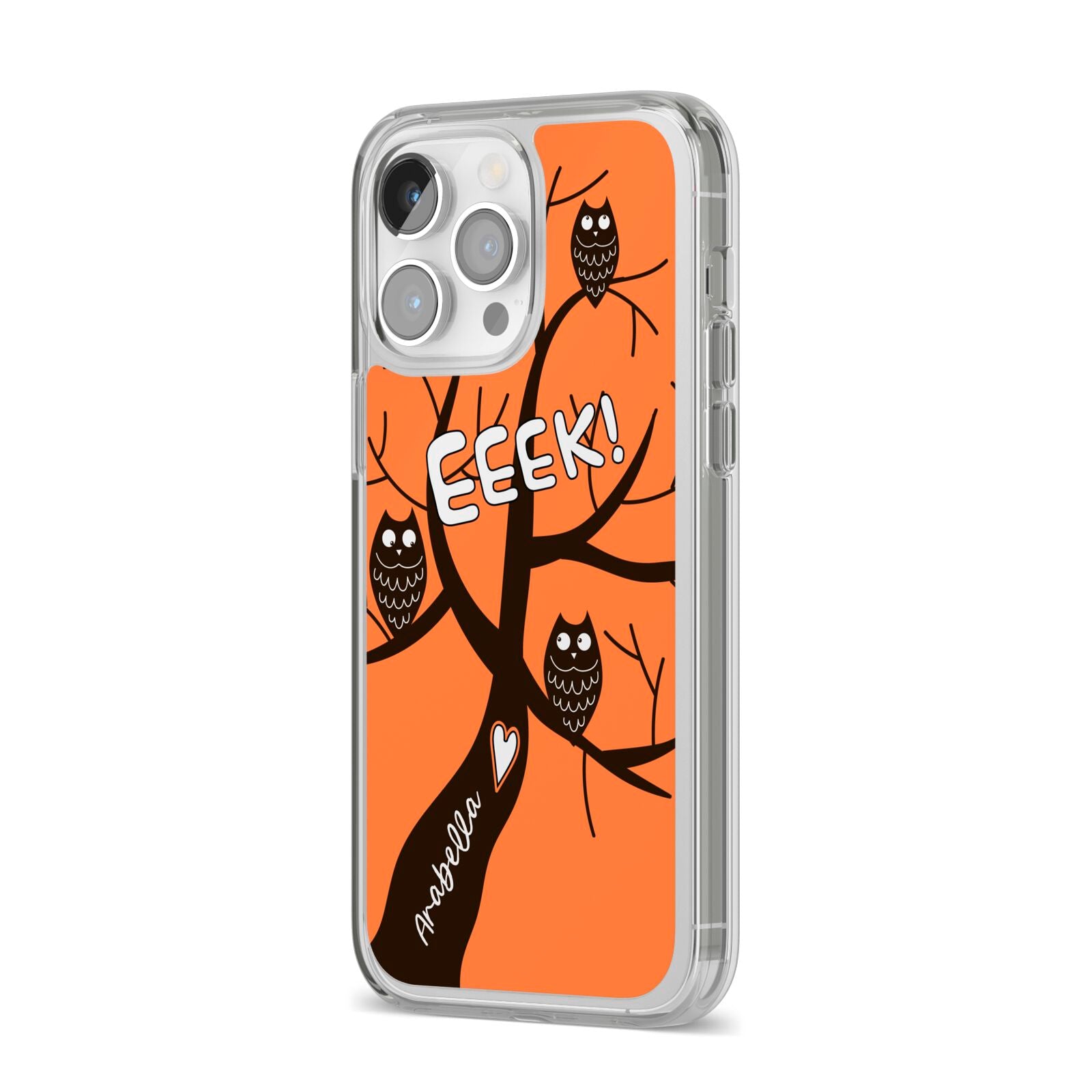 Personalised Halloween Tree iPhone 14 Pro Max Clear Tough Case Silver Angled Image