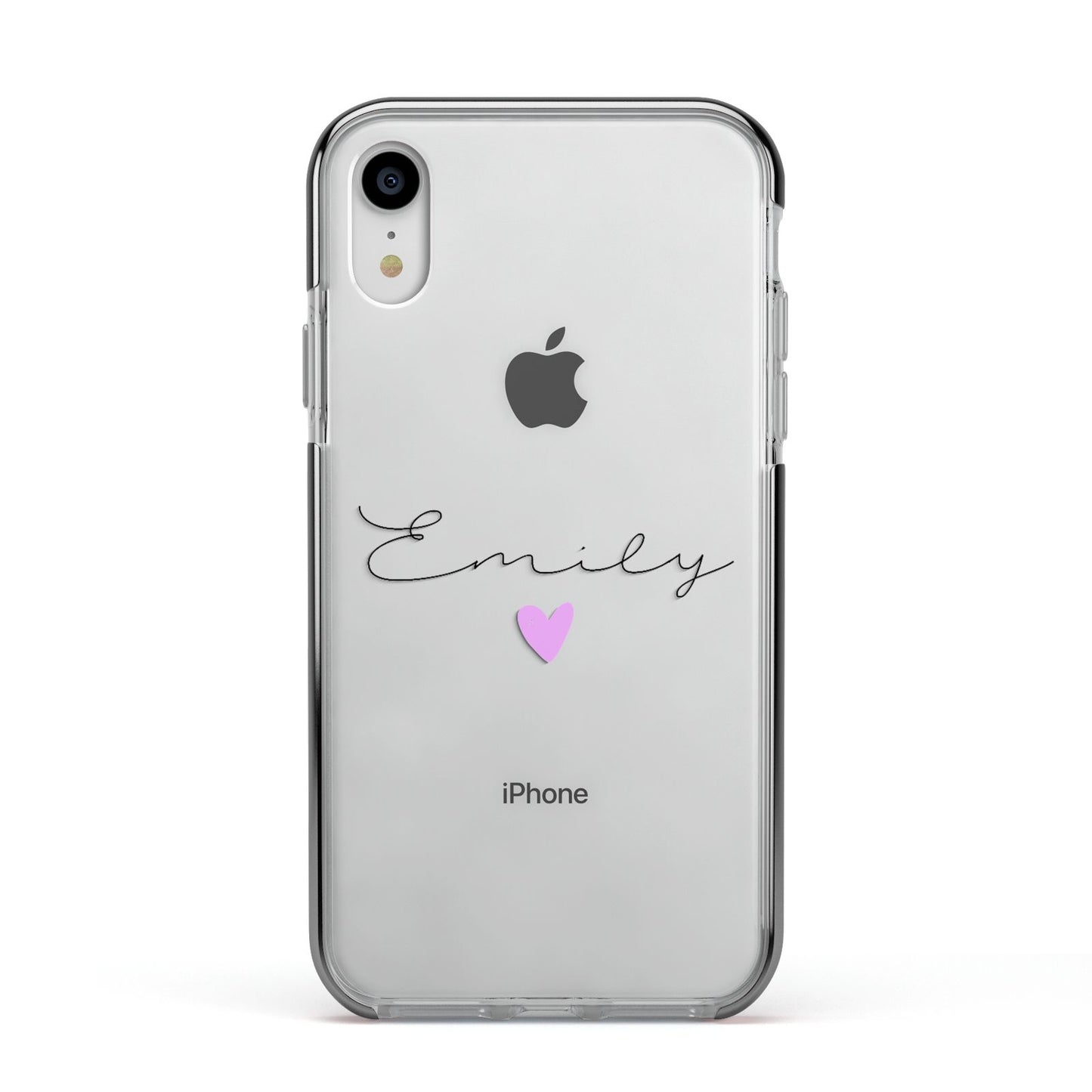 Personalised Handwritten Name Heart Clear Custom Apple iPhone XR Impact Case Black Edge on Silver Phone
