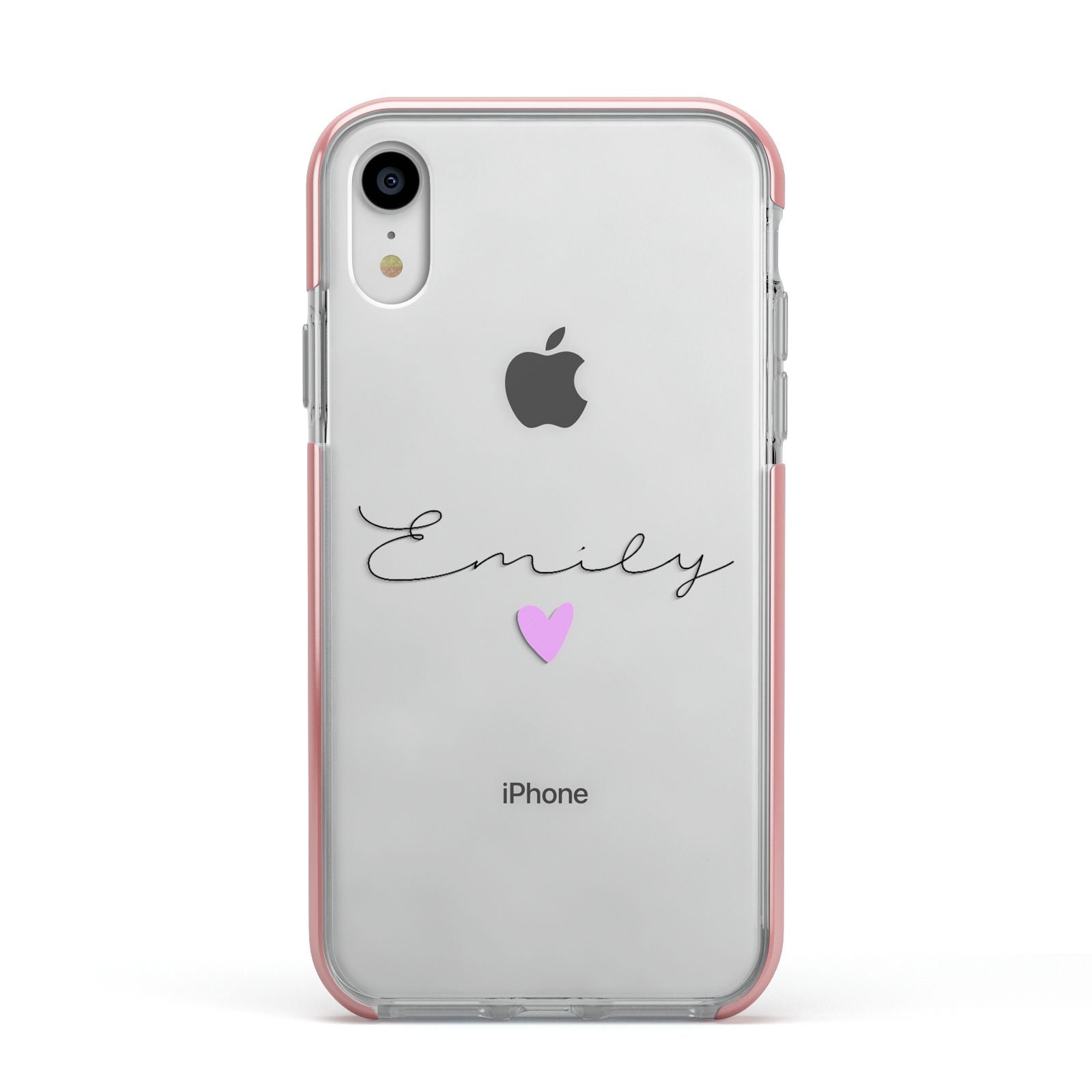 Personalised Handwritten Name Heart Clear Custom Apple iPhone XR Impact Case Pink Edge on Silver Phone