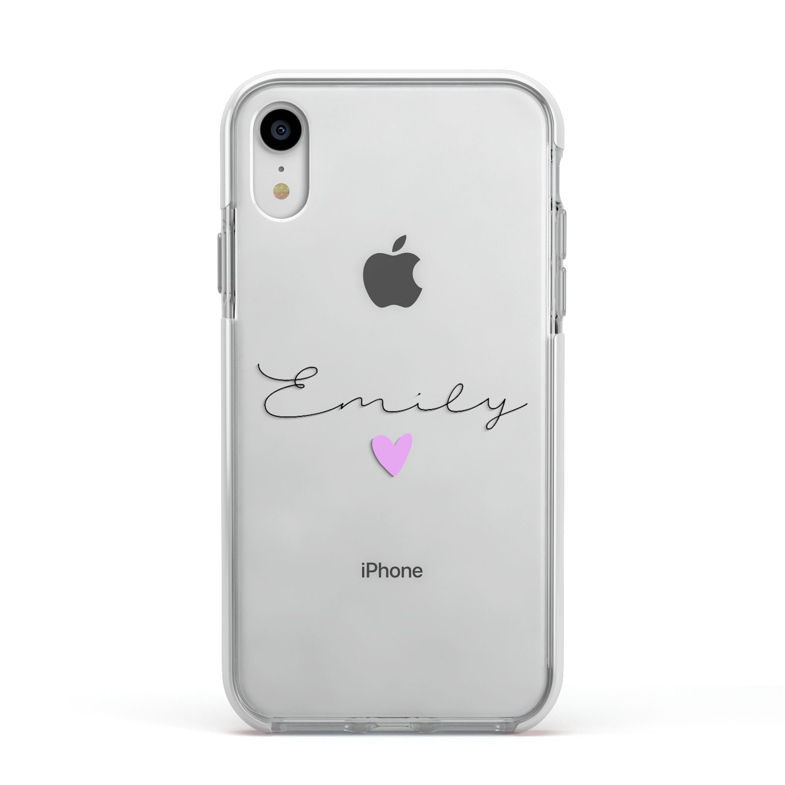 Personalised Handwritten Name Heart Clear Custom Apple iPhone XR Impact Case White Edge on Silver Phone