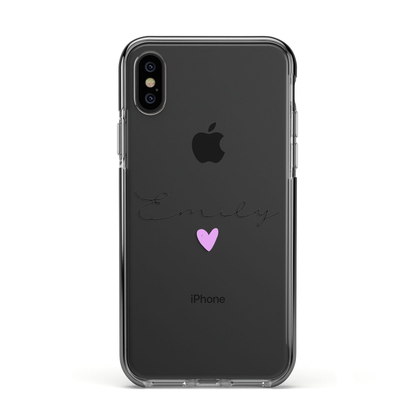 Personalised Handwritten Name Heart Clear Custom Apple iPhone Xs Impact Case Black Edge on Black Phone