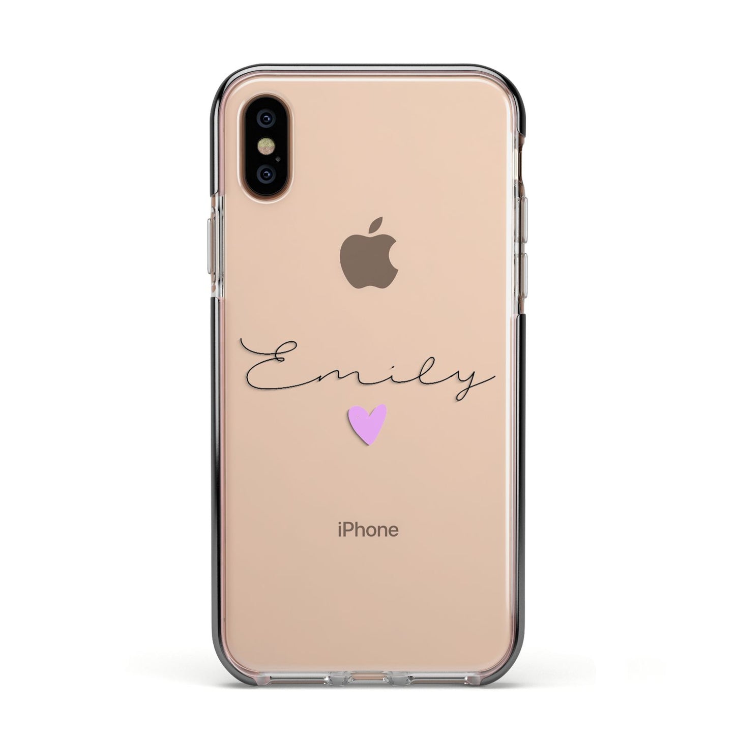 Personalised Handwritten Name Heart Clear Custom Apple iPhone Xs Impact Case Black Edge on Gold Phone