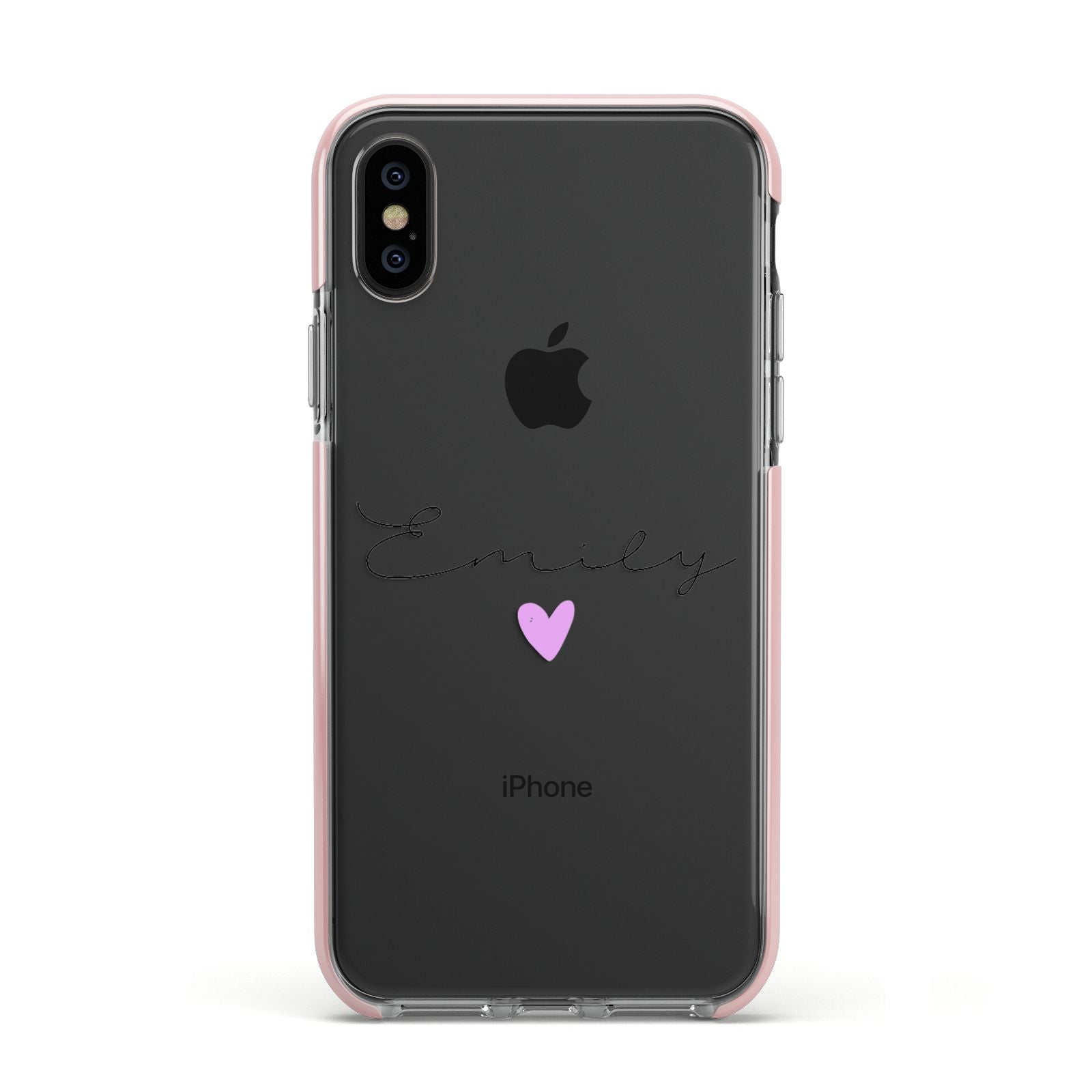 Personalised Handwritten Name Heart Clear Custom Apple iPhone Xs Impact Case Pink Edge on Black Phone