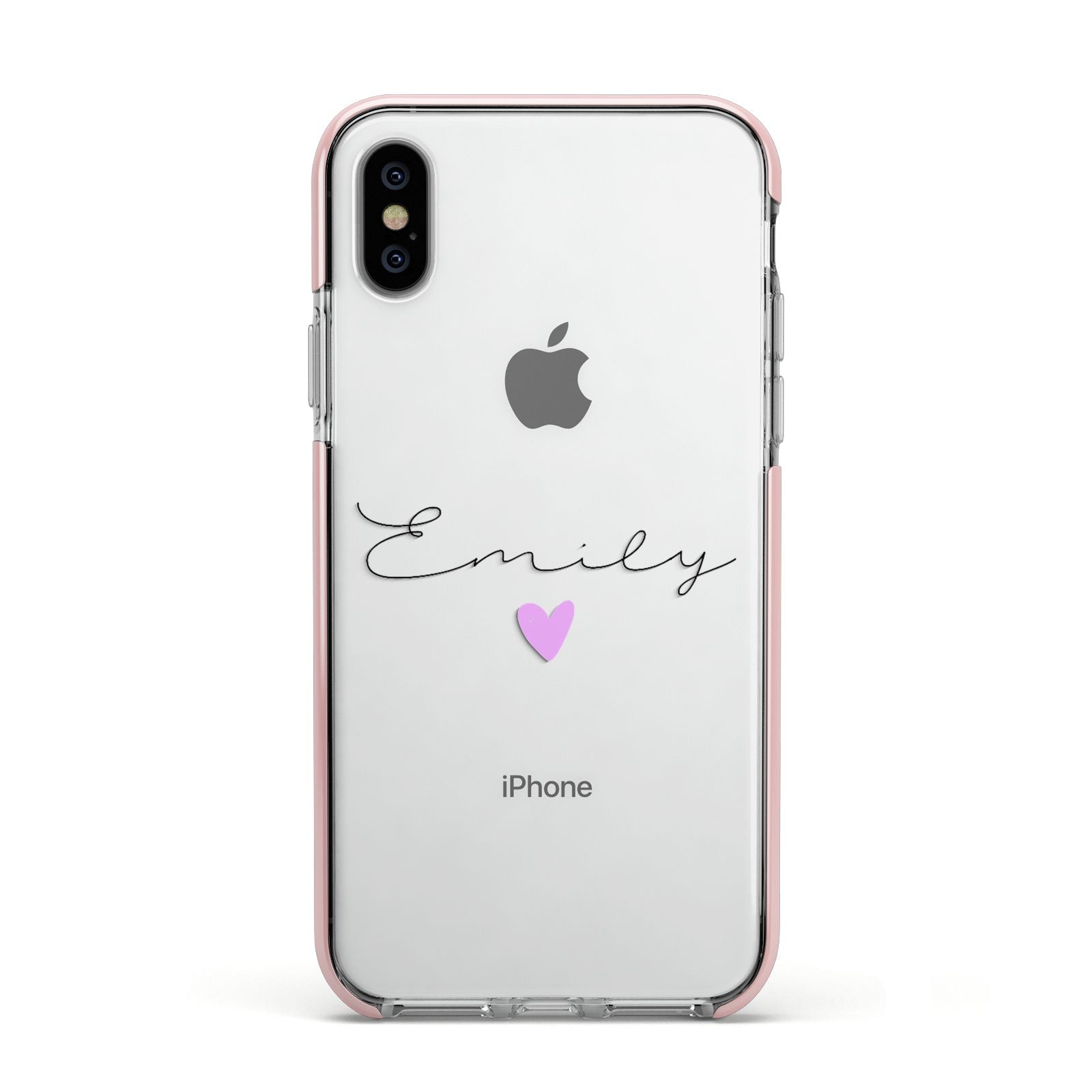 Personalised Handwritten Name Heart Clear Custom Apple iPhone Xs Impact Case Pink Edge on Silver Phone