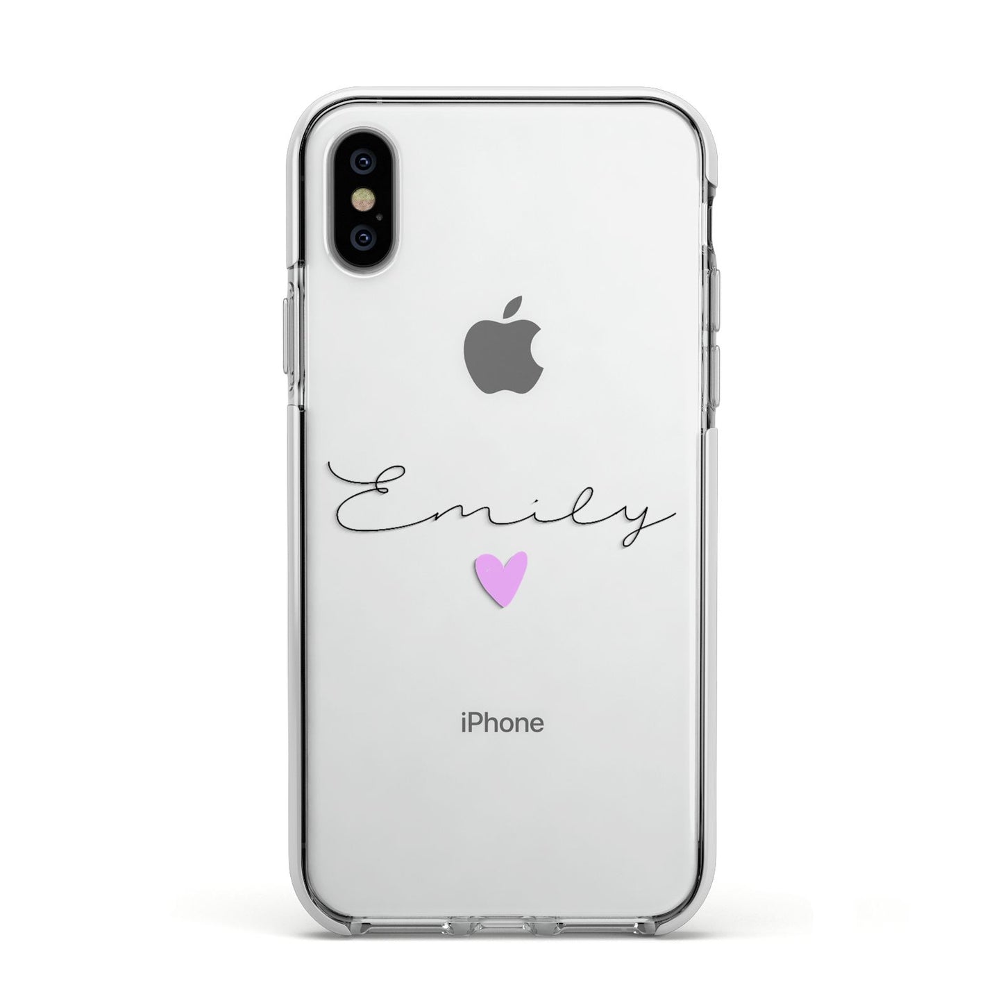 Personalised Handwritten Name Heart Clear Custom Apple iPhone Xs Impact Case White Edge on Silver Phone