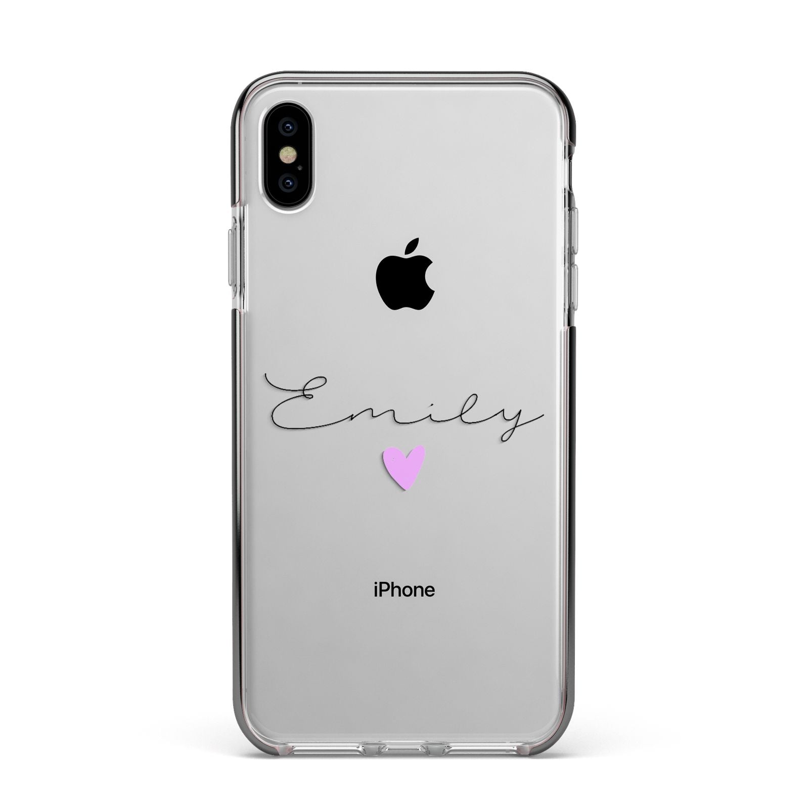 Personalised Handwritten Name Heart Clear Custom Apple iPhone Xs Max Impact Case Black Edge on Silver Phone