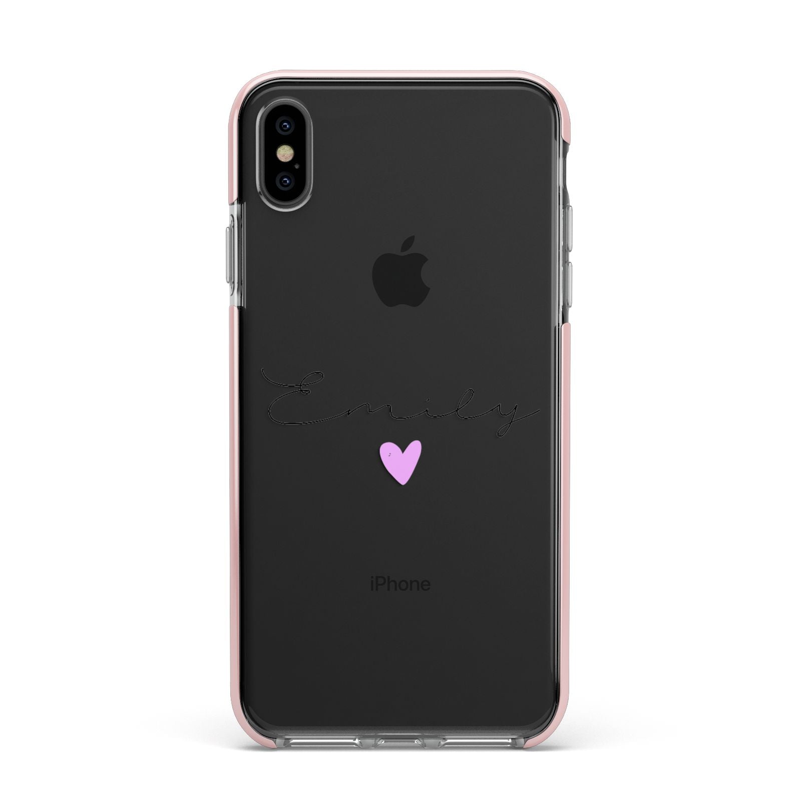 Personalised Handwritten Name Heart Clear Custom Apple iPhone Xs Max Impact Case Pink Edge on Black Phone