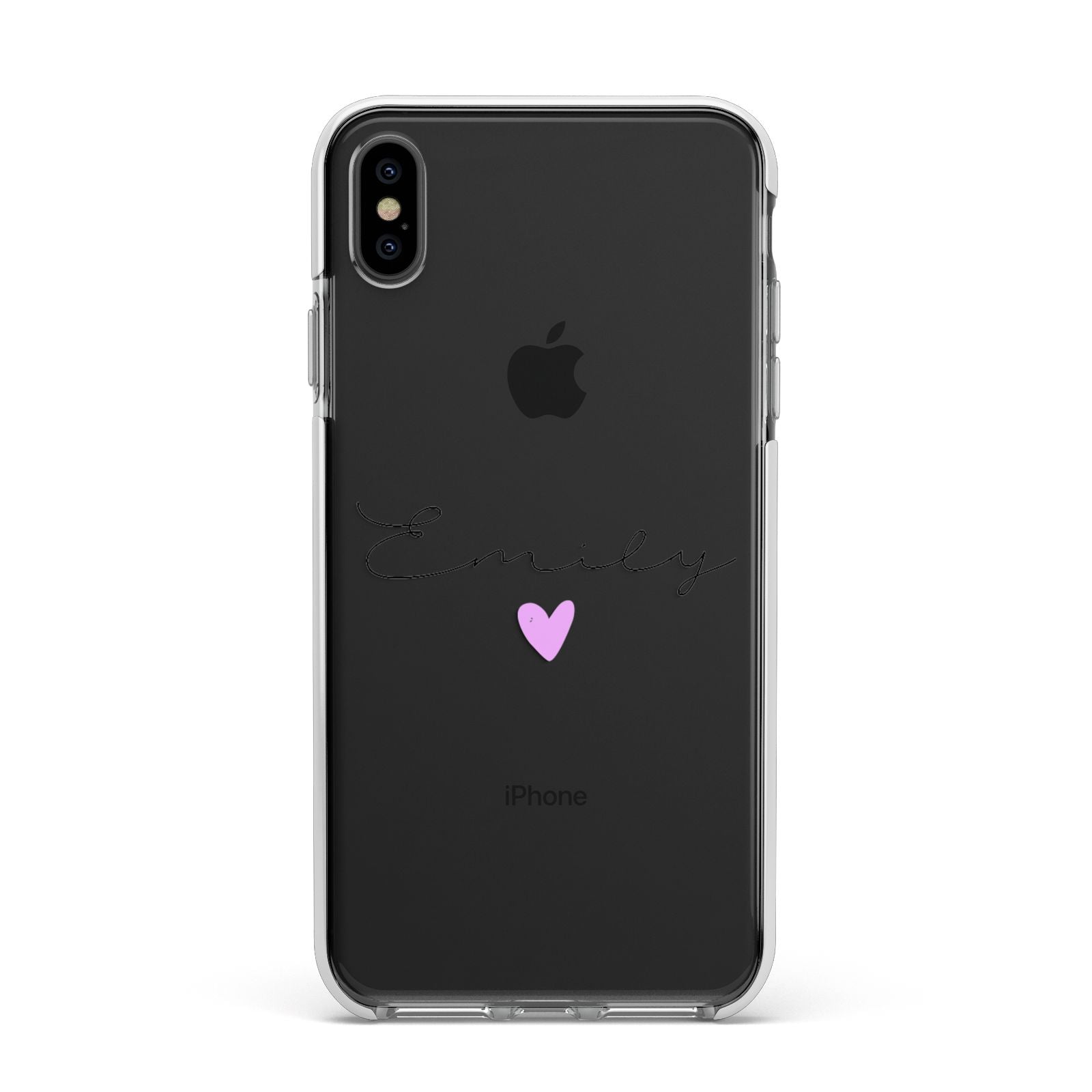 Personalised Handwritten Name Heart Clear Custom Apple iPhone Xs Max Impact Case White Edge on Black Phone