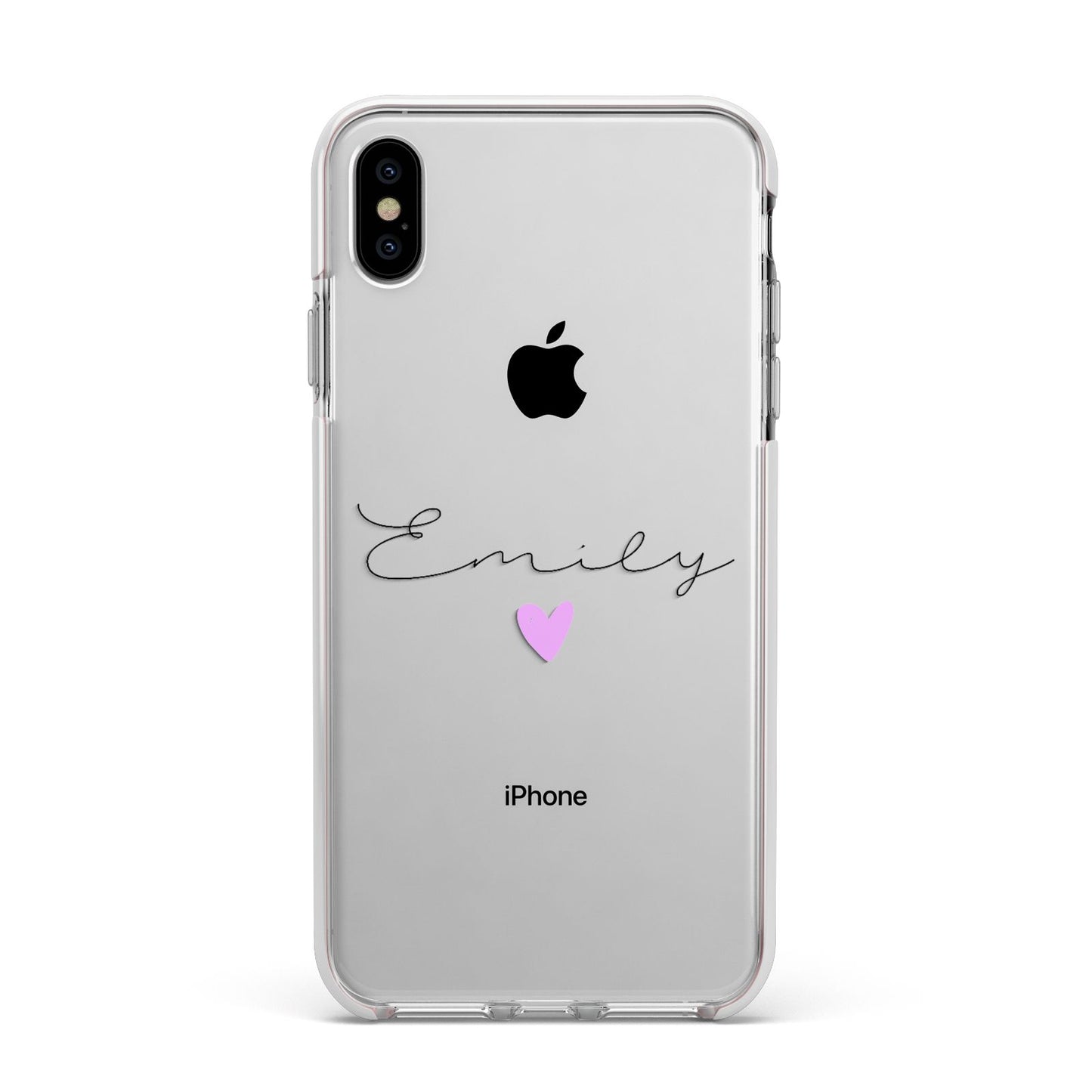 Personalised Handwritten Name Heart Clear Custom Apple iPhone Xs Max Impact Case White Edge on Silver Phone